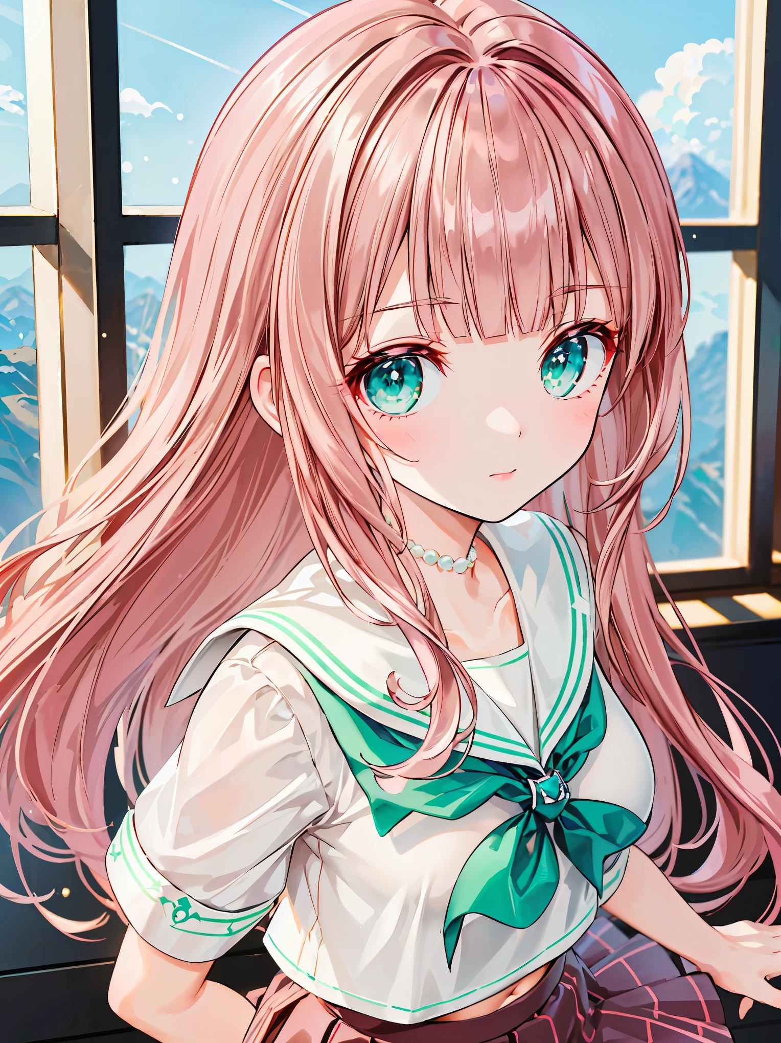 {{{{masterpiece}}}}, {{{Super detailed}}}, {{{high resolution}}}, {{good anatomy}}, (((best quality))),((emerald and green eyes,brown hair)),{{Extremely detailed and refined}}, {4k CG wallpaper}, {{illustration}}, ((pearl pink hair,JK)),((looking out a window,in school)),(((face portrait,detailed face,bigger eyeballs,standing,bust))),(long hair|Detailed hair|blunt bangs|shiny hair),(((serafuku,sailor shirt,skirts))),{{{emotionless face,mature}}},(lesbian,JK,1 woman:1),(small breasts),masterlighting,standing on the edge of mountain,((The details are complex、Shallow depth of field、movie lighting、Reflectors、a Canon EOS R5、50mm lens、f / 2.8、shot at 8k resolution))