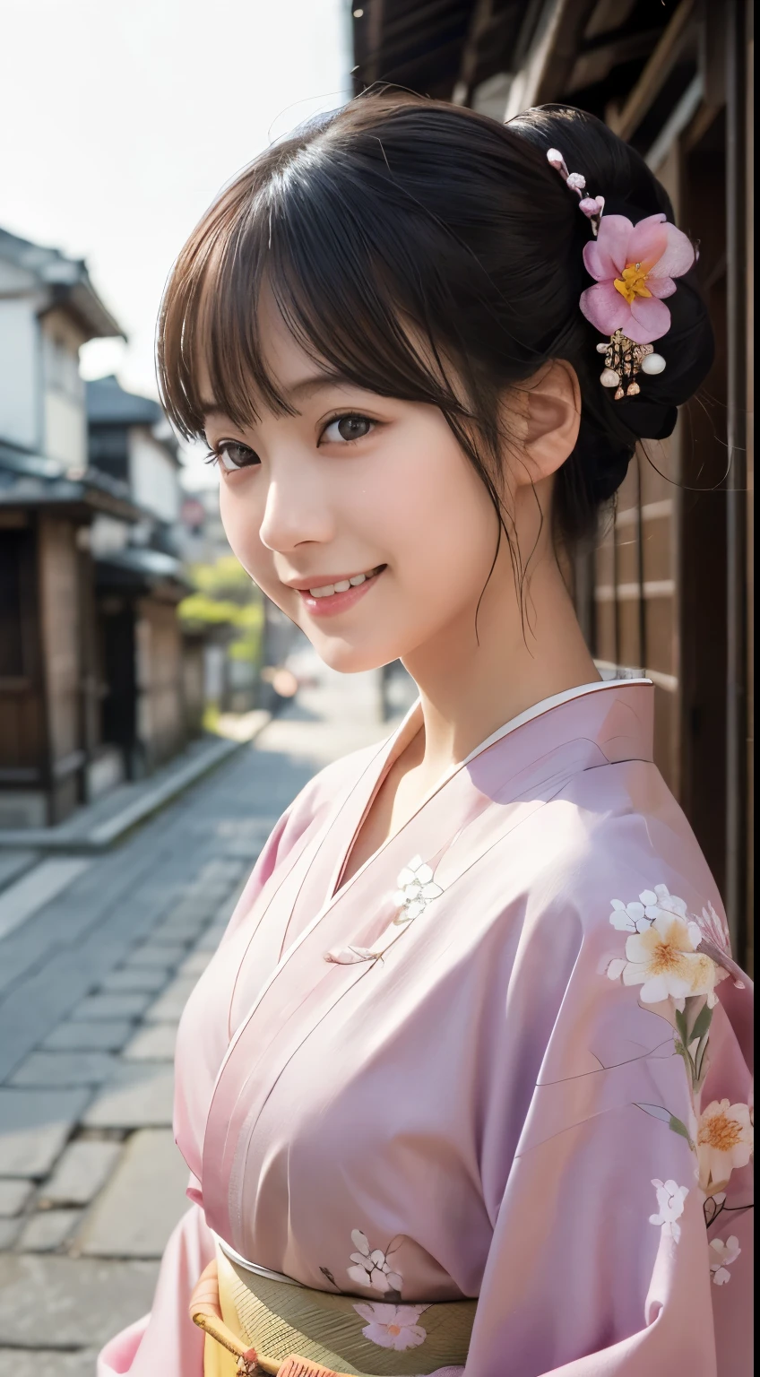 Professional Lighting,(Photorealistic:1.4), (Top image quality:1.0), (超A high resolution:1.0), 8k, Raw photography, (masterpiece:0.2), (Facing the children_v1:0.5)、(最高quality Detail:1.2)、Realistic、8K Ultra HD、High resolution、(1 girl:1.2)、超detailedな、High quality textures、複雑なdetailed、detailed、Very detailed CG、High quality shadows、detailed 美しく繊細な顔、Beautiful details and a delicate eye、(Symmetrical eyes:1.2),Written boundary depth、Ray Tracing,1 girl, Japanese Girls, (Natural smile:1.4),cute, thin, Portrait of a beautiful Japanese woman in a kimono, Standing elegantly on a street corner in Kyoto. Kimono with vibrant traditional patterns, Hair decorated with elegant and delicate hairpins, Gentle expression. (With the old streets of Kyoto in the background:1.4)、The soft light of a spring afternoon、Adding tranquility to the scene. Rendered in a Realistic style with great attention to detail, High resolutionの画像.Sky Porn, Magic Hour, (Realistic:1.3), finely, quality, (Tabletop:1.2), (Realistic:1.2), (最高quality), (複雑なdetailed), dramatic, Ray Tracing, photograph, +roller