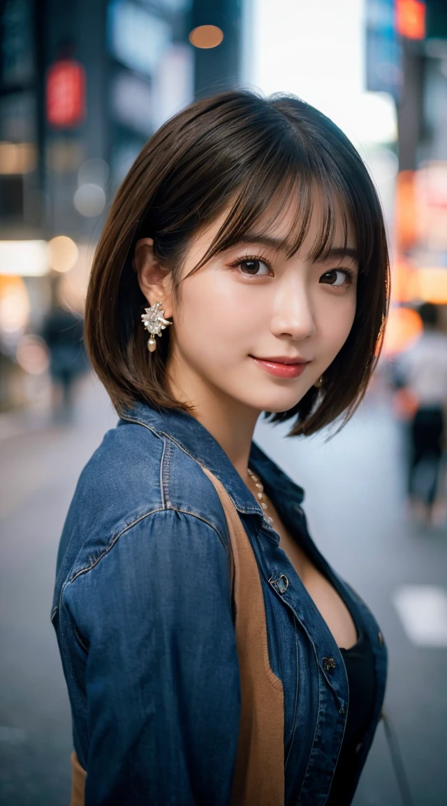 (highest quality, masterpiece:1.3, ultra high resolution), (Super detailed, caustics, 8k), (photorealistic:1.4, RAW shooting), 1 girl, (look at the camera with a smile), 20-year-old, cute, Japanese, gradient hair color, Wolf Bob Kat hairstyle, (bronde hair), Natural lips, (business suits, ripped jeans), wearing earrings, perfect jewelry, (perfect earrings), cleavage, (Street in Tokyo at night), bust up shot, face focus, Natural light, Backlight, (A bright light shines from above), (Lens flare), professional writing, perfect bodies, perfect arms, Perfect fingers, perfect legs, perfect hair, pores, Realistic skin texture, perfect teeth, (low position), (Low - Angle)
