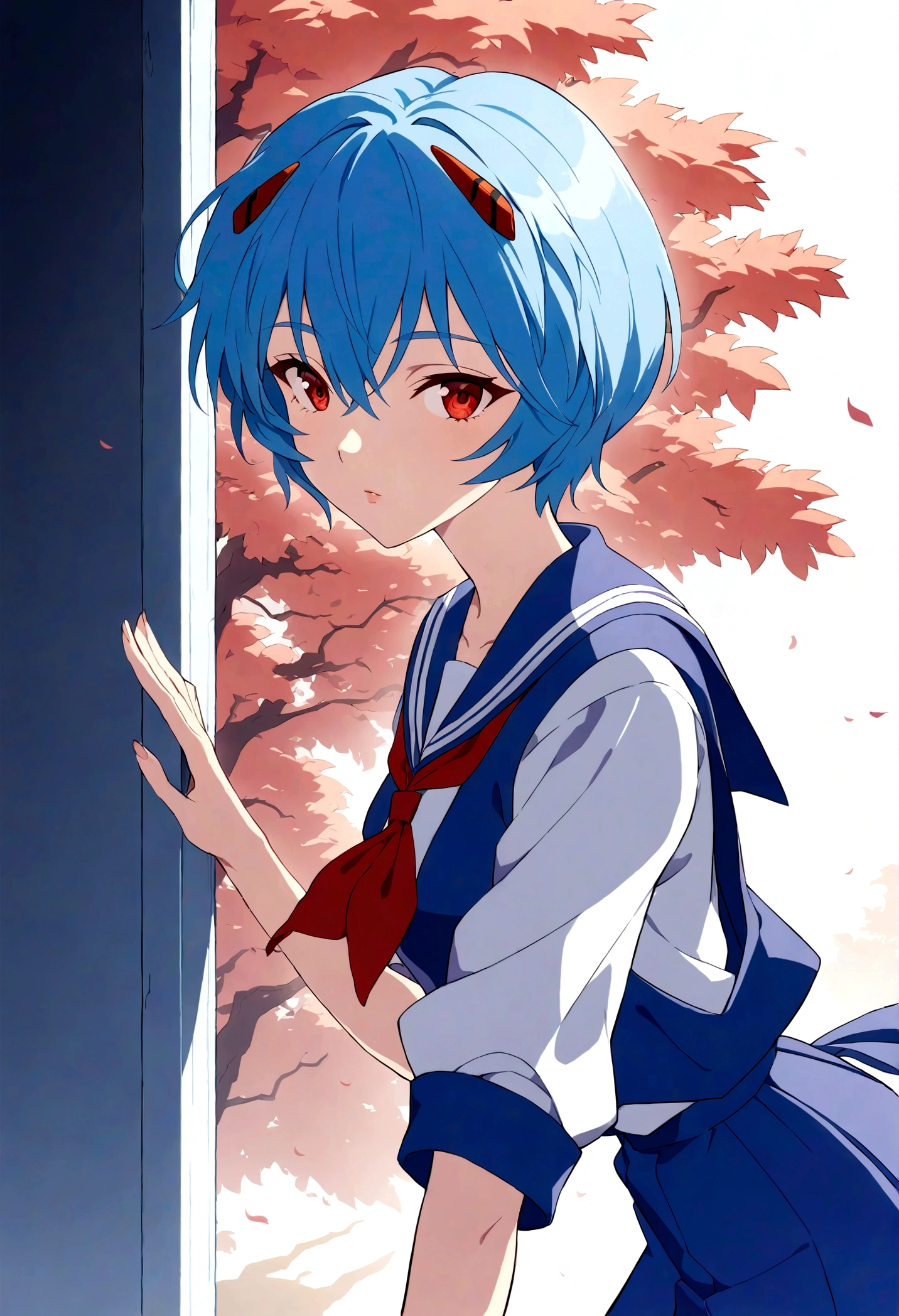 1girl, ayanami rei, neon genesis evangelion, a girl with blue hair and red eyes, anime style, 90s anime, school uniform, kawaii, detailed face, detailed eyes, detailed hair, beautiful detailed eyes, beautiful detailed lips, extremely detailed eyes and face, long eyelashes, dynamic pose, cinematic lighting, 8k, highly detailed, masterpiece, digital painting, vibrant colors, atmospheric, dramatic lighting, anime artwork, anime style, visual, vibrant, studio anime, highly detailed