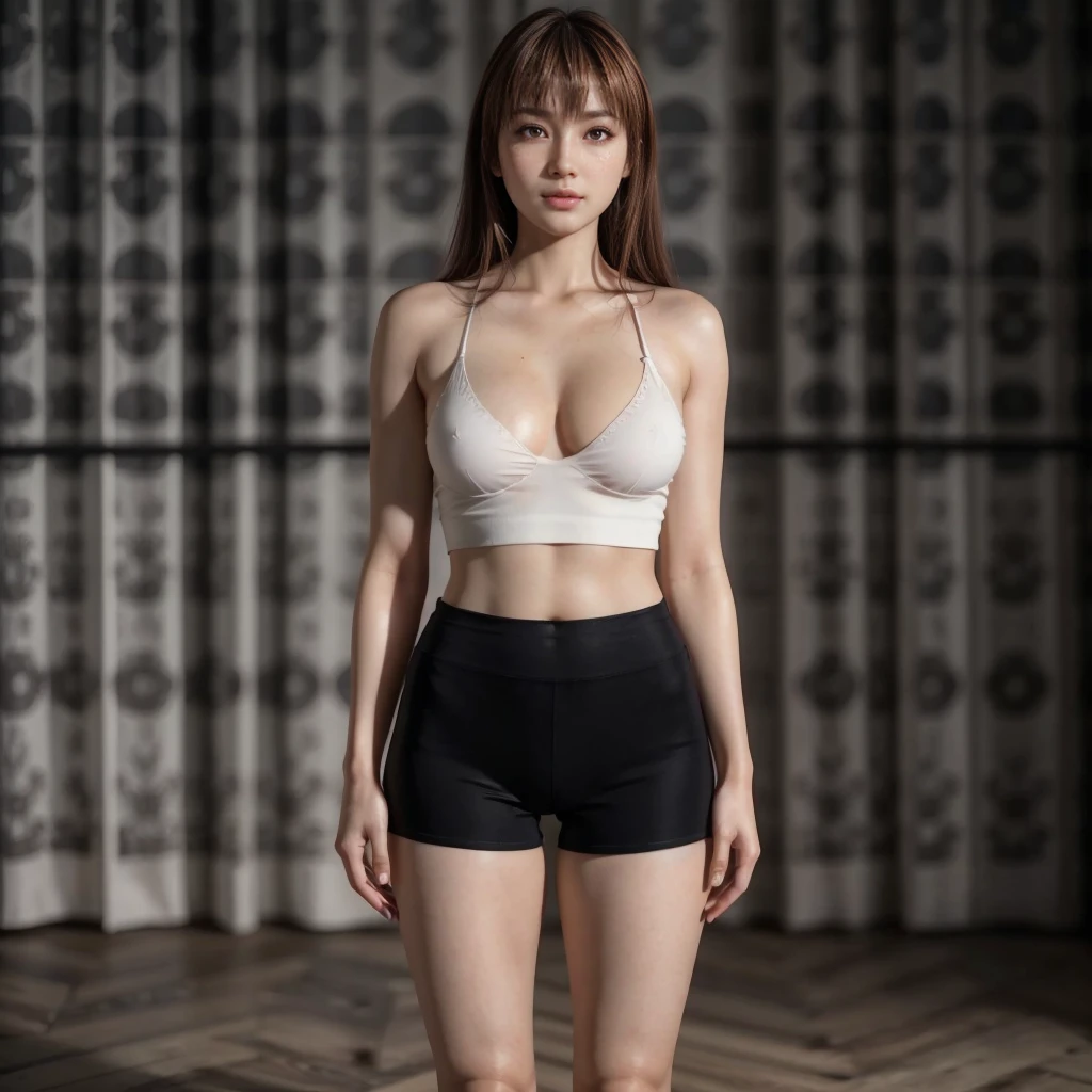 Kasumi, brown eyes, (best quality, ultra-detailed), (realistic:1.37), beautiful and detailed face, ultra-realistic texture, delicate face, delicate body, red lipstick, bright colors. High definition, 8K, well defined legs.