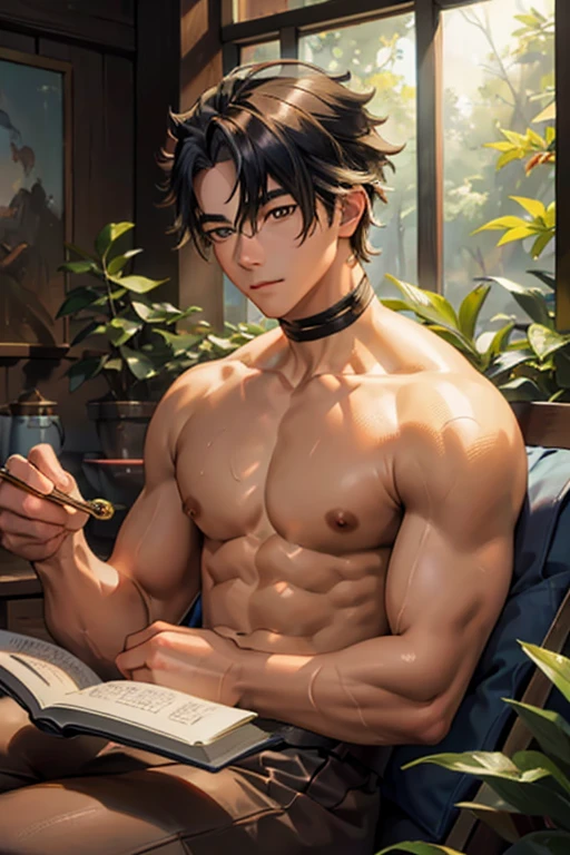((Best quality)), ((masterpiece)), (detailed), ((perfect face)), ((halfbody)) handsome young artist, filipino guy engaging in various activities topless within his cozy home nestled in a serene forest. Capture moments of his daily life, such as painting, reading, playing a musical instrument, or enjoying a cup of tea, as he explores his creativity and self-discovery, all while surrounded by the warmth and comfort of his sanctuary