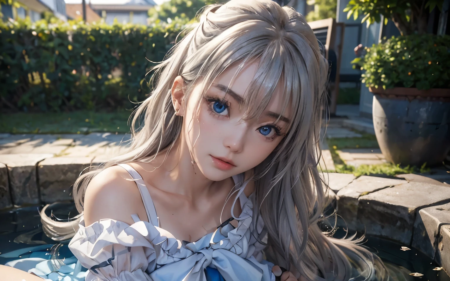 Nao Tomori/(Charlotte/), anime style, 1girl Focused, (sinking at waterpool)!!!, (watery skin)!!, (watery clothes)!!, watery hair, (very high close up face Photography)!!, UHD, masterpiece, high quality, high details, best quality, highres, HD, 4K, depth of field, light over face, symmetry, Hasselblad, an extremely delicate and beautiful, extremely detailed, Amazing, finely detail, masterpiece, best quality, official art, Highres, incredibly Highres, huge filesize, ultra-detailed, highres, extremely detailed, beautiful detailed girl,  female face focus, mature female, (sexy Asian female:1.45), adult, ultra white skin, delicate face, delicate skin, realistic skin, make over face, (looking at viewer)!!, (curvy hair with double tied up)!!, (bare shoulders)!!, blush, closed mouth, seductive smile, fresh lips, detached sleeves, earrings, fingernails, hair between eyes, White hair bangs, (ultra shine white hair)!!, very long hair, detailed realistic hair, (wear school uniform)!!!,  nontraditional Nao Tomori, (sharp eyes)!!, (eye's pupils colored by Blue:1.25)!!, (homochromatic eyes)!!, (exposed eyes)!!, (1girl very high Close up face photography) Nao Tomori/(Charlotte/), (correct anatomically)!!