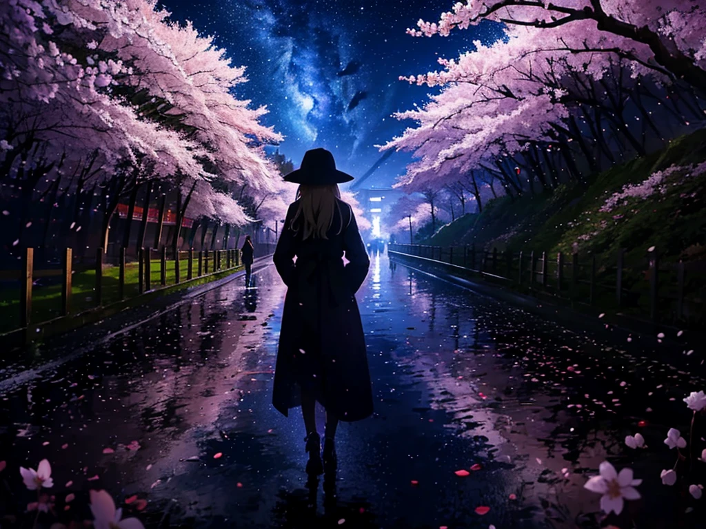 1people々々々々,Blonde long hair,Long coat,silhouette, Rear View,Space Sky, milky way, Anime Style, cherry blossoms,夜cherry blossoms,辺り一面に舞うcherry blossoms吹雪,Flower Tunnel,