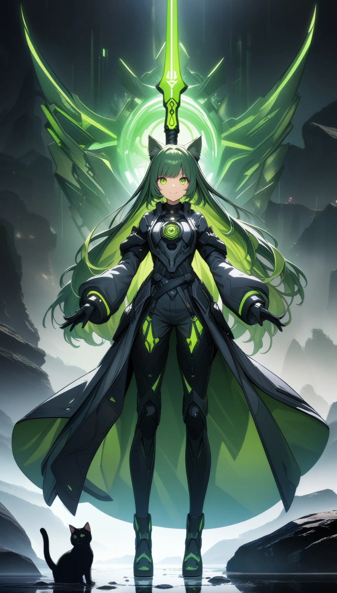 32k, best quality, ultra high res, HDR, UHD, extremely detailed CG, unity 32k wallpaper, A dark, futuristic, silhouetted figure of a girl with cat ears and a long, flowing coat, holding a massive scythe with a mechanical cat integrated into the blade, standing on a reflective surface with a minimalist, light gray background. --ar 4:3 --stylize 600 --niji 6, Rock sign hands, A vibrant anime-style illustration of a green-haired girl surrounded by cats, with her hands making the rock sign symbol and smiling at the camera. The background is filled with various cat characters in different poses, all rendered in a detailed manga art style. --ar 3:4 --niji 6 --style raw,
