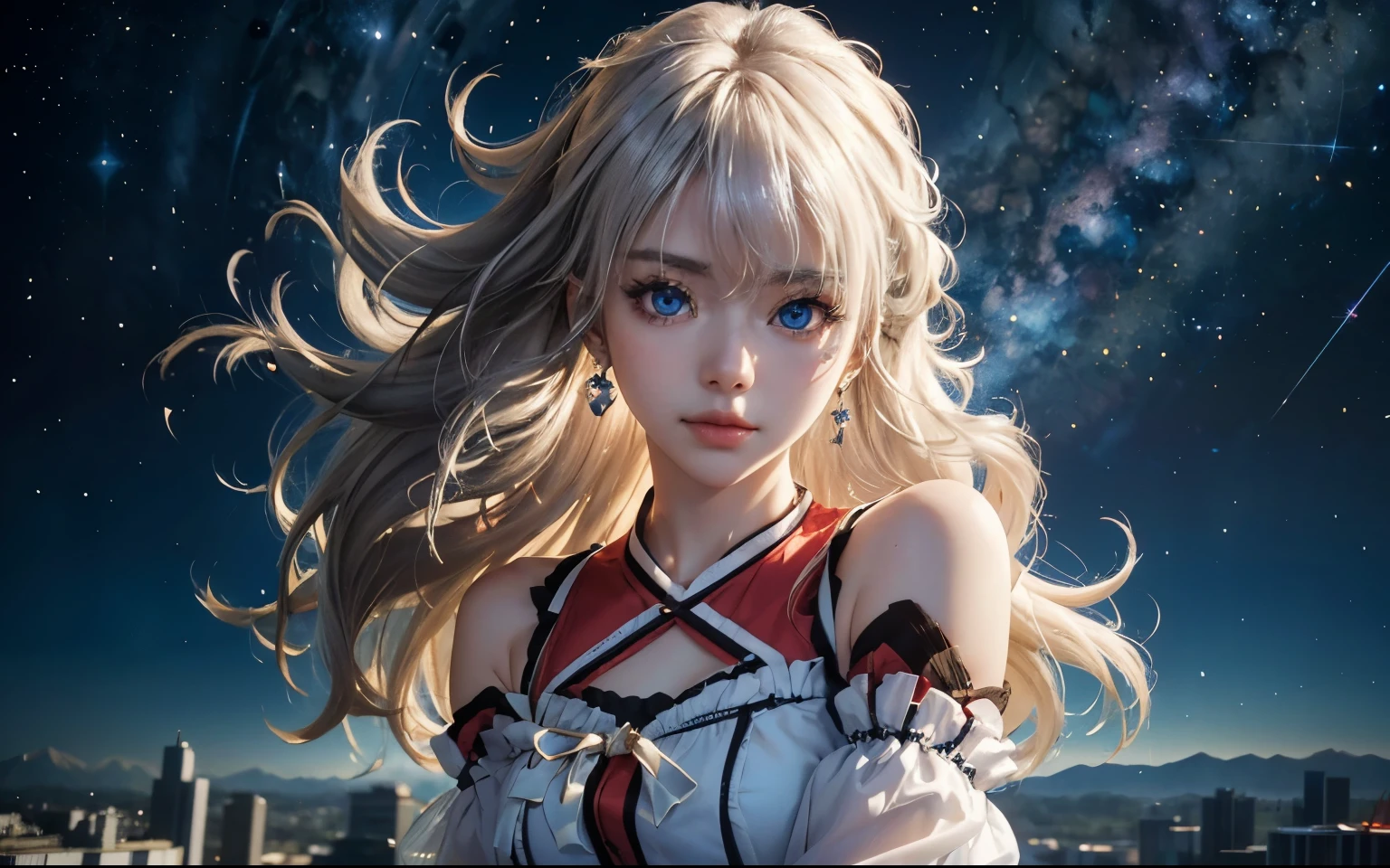 Nao Tomori/(Charlotte/), anime style, 1girl Focused, (close up face Photography)!!, UHD, masterpiece, high quality, high details, best quality, highres, HD, 4K, depth of field, light over face, symmetry, Hasselblad, an extremely delicate and beautiful, extremely detailed, Amazing, finely detail, masterpiece, best quality, official art, Highres, incredibly Highres, huge filesize, ultra-detailed, highres, extremely detailed, beautiful detailed girl,  female focus, mature female, (sexy Asian female:1.45), adult, ultra white skin, delicate face, delicate skin, realistic skin, make over face, (looking at viewer)!!, (curvy hair with double tied up)!!, (bare shoulders)!!, blush, closed mouth, seductive smile, fresh lips, detached sleeves, earrings, fingernails, hair between eyes,  White hair bangs, (ultra shine white hair)!!, very long hair, detailed realistic hair, nontraditional Nao Tomori, (sharp eyes)!!, (eye's pupils colored by Blue:1.25)!!, (homochromatic eyes)!!, (exposed eyes)!!, Fantasy art, starlit city, fantasy world, Mystycal Sky, celestial beauty, enchanted evening, magical scenery, dreamy vista, futuristic fantasy, fantasy journey, legendary land,  (1girl Close up face photography) Nao Tomori/(Charlotte/), (correct anatomically)!!