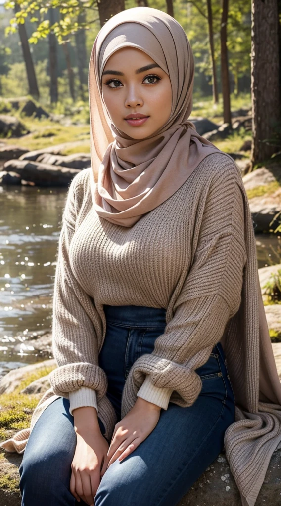 RAW, Best quality, high resolution, masterpiece: 1.3), beautiful Malay woman in hijab,Masterpiece, perfect fit body, (big breasts), big gorgeous eyes, Soft smile, sitting in mountain, lovely woman, hijab, malay, Beutifull girl, with lovely look, casual pose, beautiful lady, shawl, beautiful woman, with accurate, scarf, Delicate turtleneck, necklace, shairband, afternoon walk forest, Excellent lighting, Bright colors, Clean lines