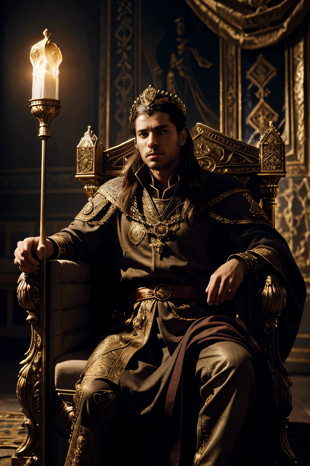 high fantasy medieval king, young ambitious ruler, ornate throne, detailed portrait, dramatic lighting, richly textured clothing, intricate crown, regal bearing, strong chiaroscuro, cinematic composition, dramatic shadows, muted color palette, classical oil painting style, masterful rendering, photorealistic, 8k, best quality