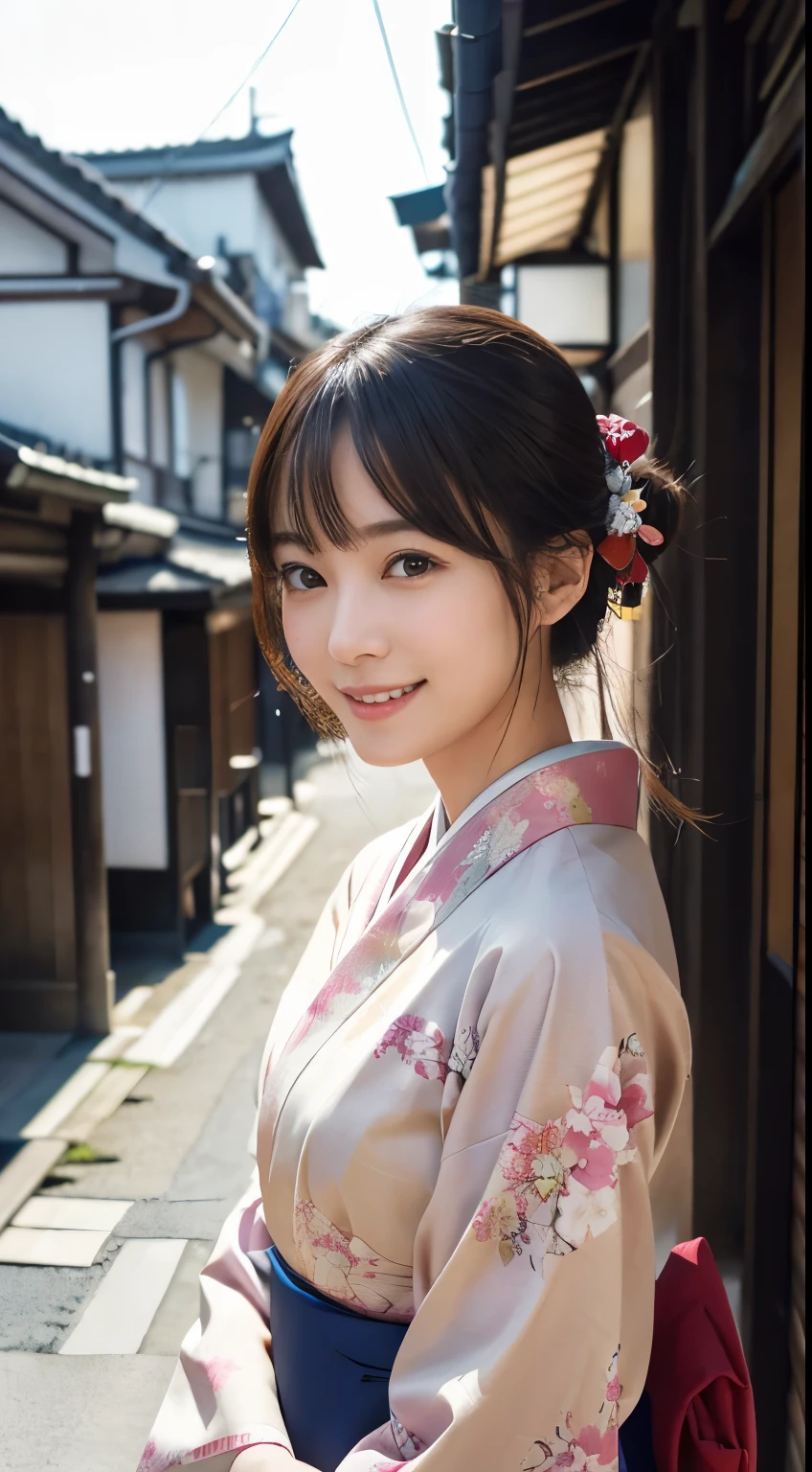 Professional Lighting,(Photorealistic:1.4), (Top image quality:1.0), (超A high resolution:1.0), 8k, Raw photography, (masterpiece:0.2), (Facing the children_v1:0.5)、(最高quality Detail:1.2)、Realistic、8K Ultra HD、High resolution、(1 girl:1.2)、超detailedな、High quality textures、複雑なdetailed、detailed、Very detailed CG、High quality shadows、detailed 美しく繊細な顔、Beautiful details and a delicate eye、(Symmetrical eyes:1.2),Written boundary depth、Ray Tracing,1 girl, Japanese Girls, (Natural smile:1.4),cute, thin, Portrait of a beautiful Japanese woman in a kimono, Standing elegantly on a street corner in Kyoto. Kimono with vibrant traditional patterns, Hair decorated with elegant and delicate hairpins, Gentle expression. (With the old streets of Kyoto in the background:1.4)、The soft light of a spring afternoon、Adding tranquility to the scene. Rendered in a Realistic style with great attention to detail, High resolutionの画像.Sky Porn, Magic Hour, (Realistic:1.3), finely, quality, (Tabletop:1.2), (Realistic:1.2), (最高quality), (複雑なdetailed), dramatic, Ray Tracing, photograph, +roller