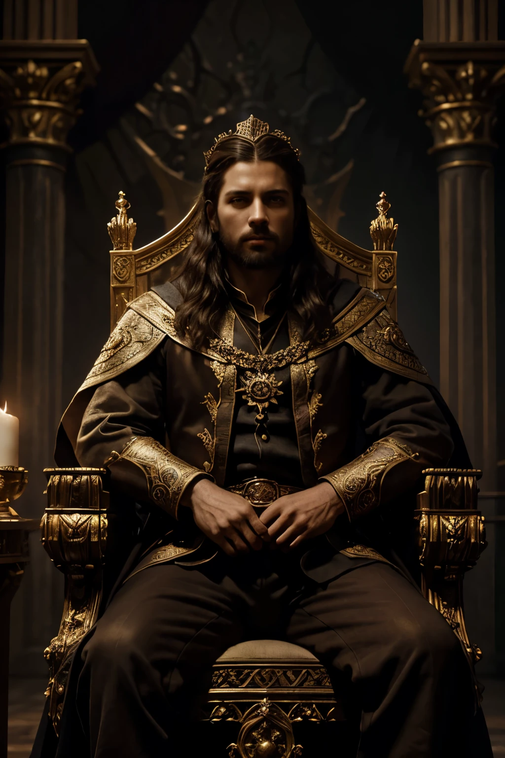 high fantasy medieval king, young ambitious ruler, ornate throne, detailed portrait, dramatic lighting, richly textured clothing, intricate crown, regal bearing, strong chiaroscuro, cinematic composition, dramatic shadows, muted color palette, classical oil painting style, masterful rendering, photorealistic, 8k, best quality