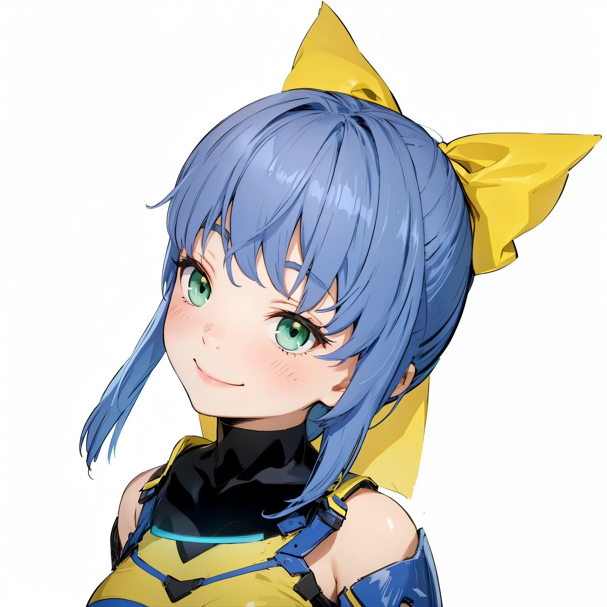beautiful girl,smile,,Light blue hair,Yellow ribbon,ponytail,Green Eyes,4k,8k,highest quality