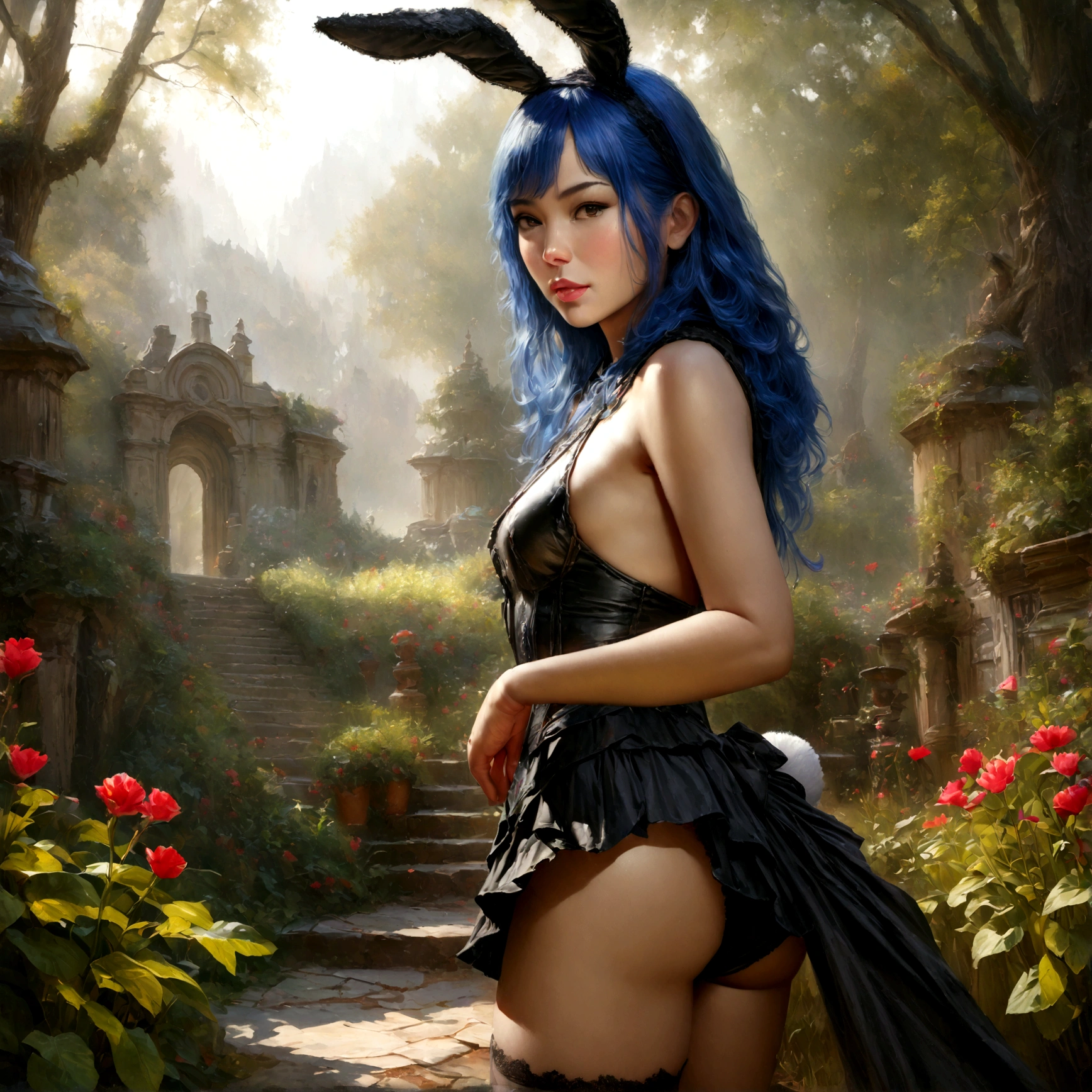 a sexy girl with long blue hair, big fuzzy bunny ears, bunny tail, black corset, black mini skirt, cute thigh high socks, garden, (best quality,4k,8k,highres,masterpiece:1.2),ultra-detailed,(realistic,photorealistic,photo-realistic:1.37),HDR,UHD,studio lighting,ultra-fine painting,sharp focus,physically-based rendering,extreme detail description,professional,vivid colors,bokeh,fantasy,anime,digital art