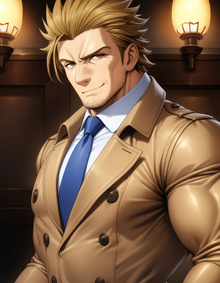 1man, mature detective, middle muscular, big nose, wavy slicked back spiked hair, yellow brown hair, shihaku, brown eyes, dandy, virile, stubble, square shaped, large eyes, ordinaly uncle, solo, upperlegs, white collared shirt, blue necktie, trench coat, dark wornout suit, soft smile, standing, in eroge style, 2000s, extreme all detailed, masterpiece, best quality