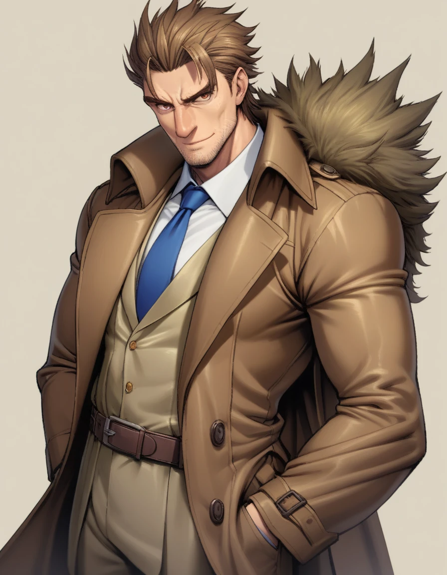 1man, mature detective, middle muscular, big nose, wavy slicked back spiked hair, yellow brown hair, shihaku, brown eyes, dandy, virile, stubble, square shaped, large eyes, ordinaly uncle, solo, upperlegs, white collared shirt, blue necktie, trench coat, dark wornout suit, soft smile, standing, in eroge style, 2000s, extreme all detailed, masterpiece, best quality