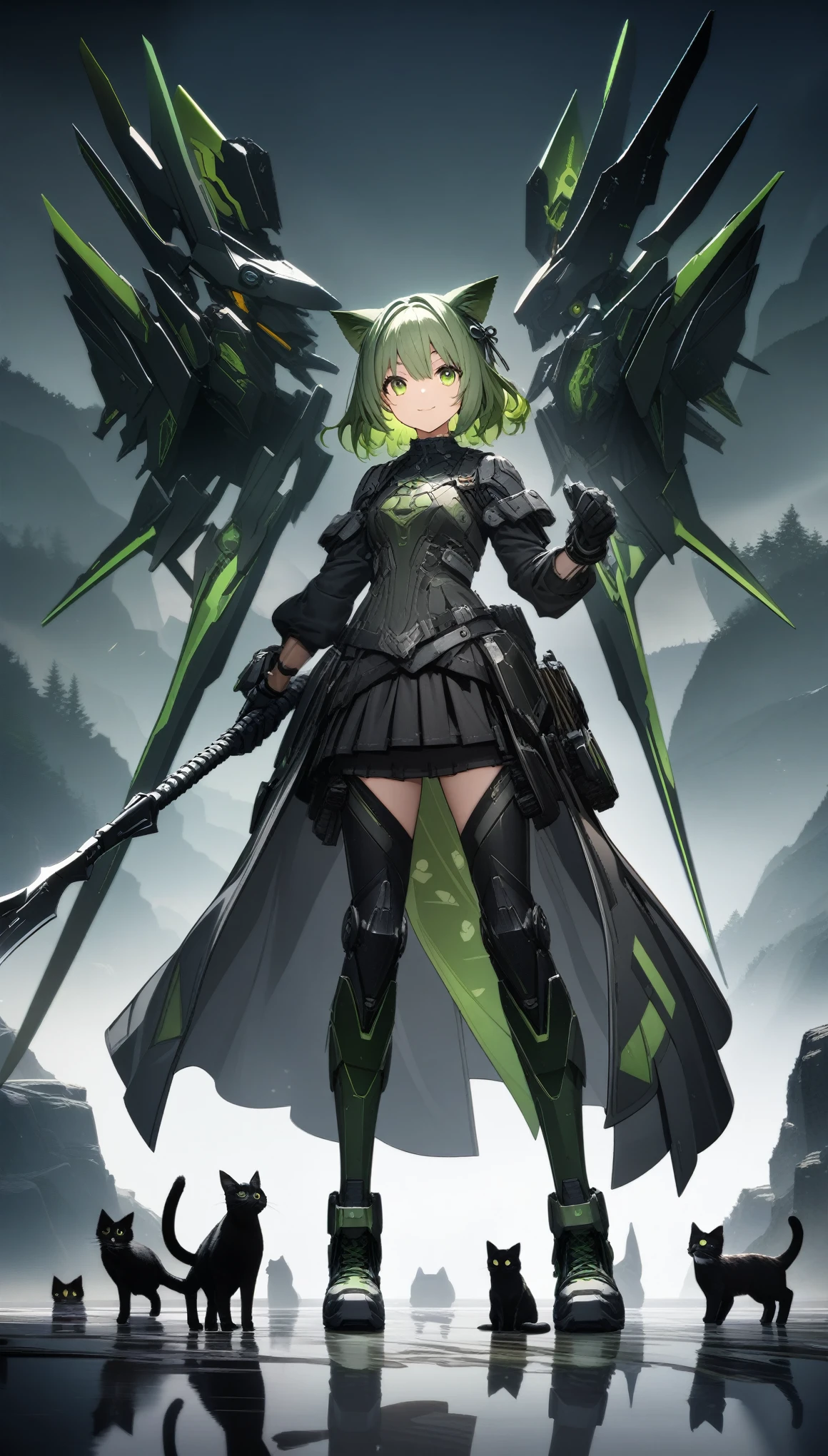 32k, best quality, ultra high res, HDR, UHD, extremely detailed CG, unity 32k wallpaper, A dark, futuristic, silhouetted figure of a girl with cat ears and a long, flowing coat, holding a massive scythe with a mechanical cat integrated into the blade, standing on a reflective surface with a minimalist, light gray background. --ar 4:3 --stylize 600 --niji 6, Rock sign hands, A vibrant anime-style illustration of a green-haired girl surrounded by cats, with her hands making the rock sign symbol and smiling at the camera. The background is filled with various cat characters in different poses, all rendered in a detailed manga art style. --ar 3:4 --niji 6 --style raw, 