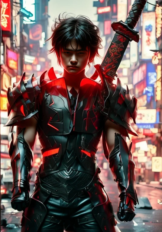 (ultra realistic,32k, masterpiece:1.2),(high detailed skin:1.1),( high quality:1.1),
1boy,(caucasian european), black hair, with cyberpunk samurai armor, cute, 18 years old, european caucasian), beautiful decourations, 8k, uhd, masterpiece, katana in the back, kanjis, (metal black armor with red and orange decourations), fire themed armor, light effects