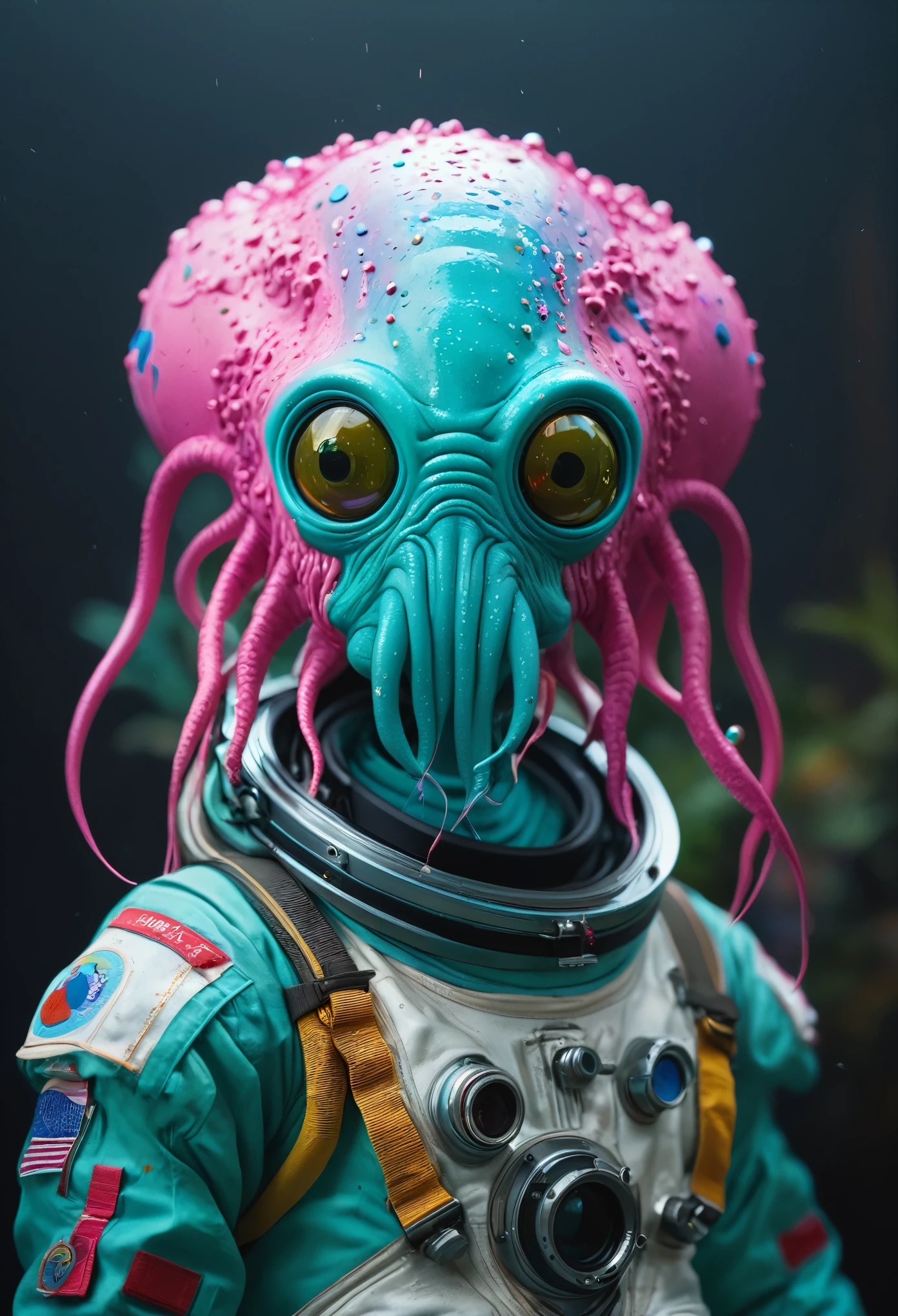 8K, ARTISTIC photogrAphy, best quAlity, mAsterpiece: 1.2), A (potrAit:1.2) Don Bluth Style ASTRONAUT Cthulhu pink Toon Doll, full body RAW candid cinema, cyan hair, 16mm, color graded portra 400 film, remarkable color, ultra realistic, sad admosphere, dark lighting, oppressive atmosphere, depressive colors, kodak portra 400, photograph,r, Natural Light, Pinhead lighgts, blur reflection, Brush Strokes, Smooth, abstract, Splatter, Oil On Canvas, rainbow colors, fractal isometrics details bioluminescens : a stunning realistic photograph of wet bone structure, 3d render, octane render, intricately detailed, titanium decorative headdress, cinematic, trending on artstation | Isometric | Centered