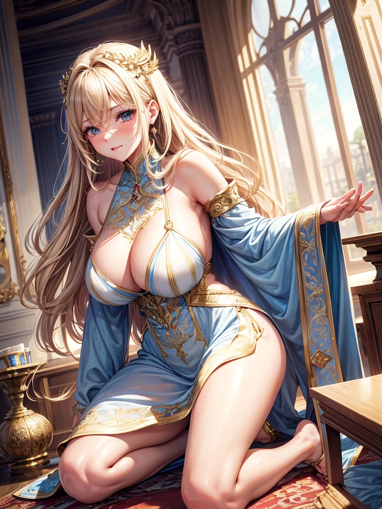 (Enrich the picture,Masterpiece level quality)Beautiful 8K CG artwork,Goddess-like posture,Kneeling exercise,Slim and soft,Translucent skin,coiffed blonde hair、The aesthetic look of extra-long and messy hair,The skin is fair and juicy,Big JK Uniform,Perspective Part 1.2x enhanced silhouette effect,Exquisite transparent blues pattern in pajamas,The details are intricate and exquisite,The background is slightly blurred,Charming and lustful leg seduction,Drool,Extra-large big breasts,Blush,