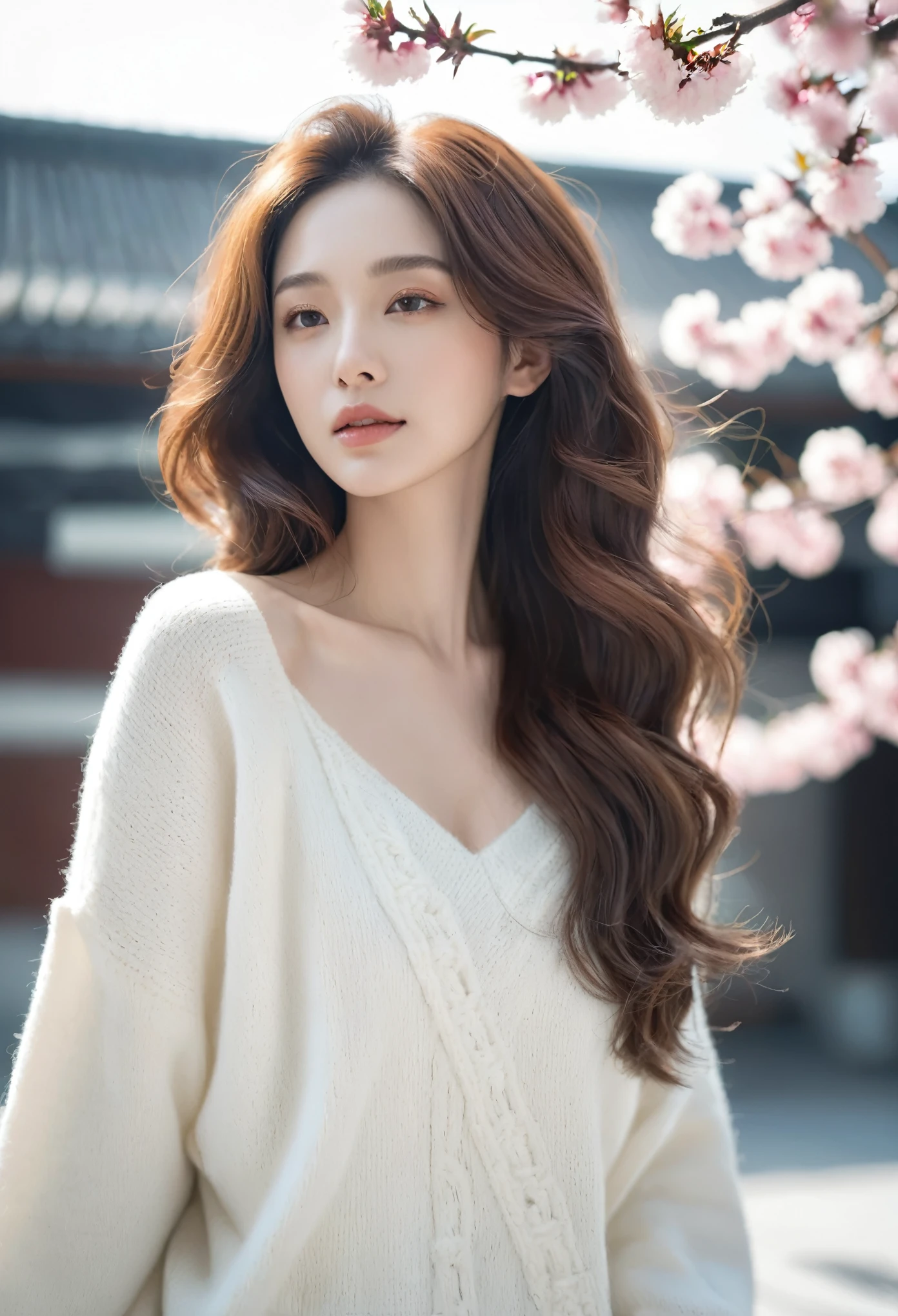 Beautiful woman facial features three-dimensional face if peach blossom gentle moving big chest long curly hair white sweater space station