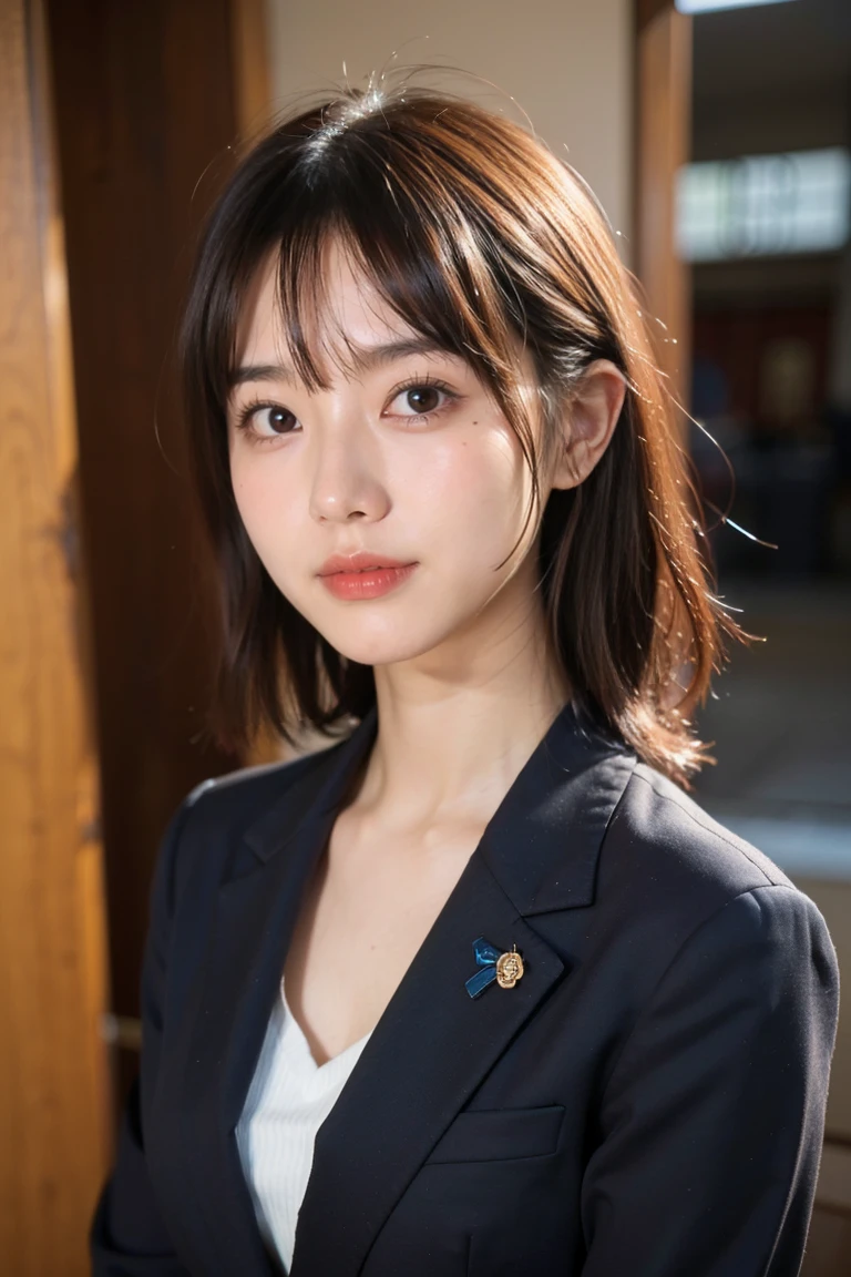 (8k, RAW Photos, highest quality, masterpiece, Realistic, Detailed face, Detailed skin, Center View, Front view,:1.2), (35yo,Japanese girl, alone:1.5),tanned skin
,face up,Beautiful Girl,(black business suit),smiling