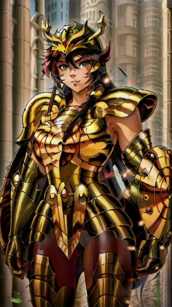 masterpiece, best quality, highres, solo, 1girl, green eyes, helmet,armor, outdoor ,(medium breasts,:1.5)
