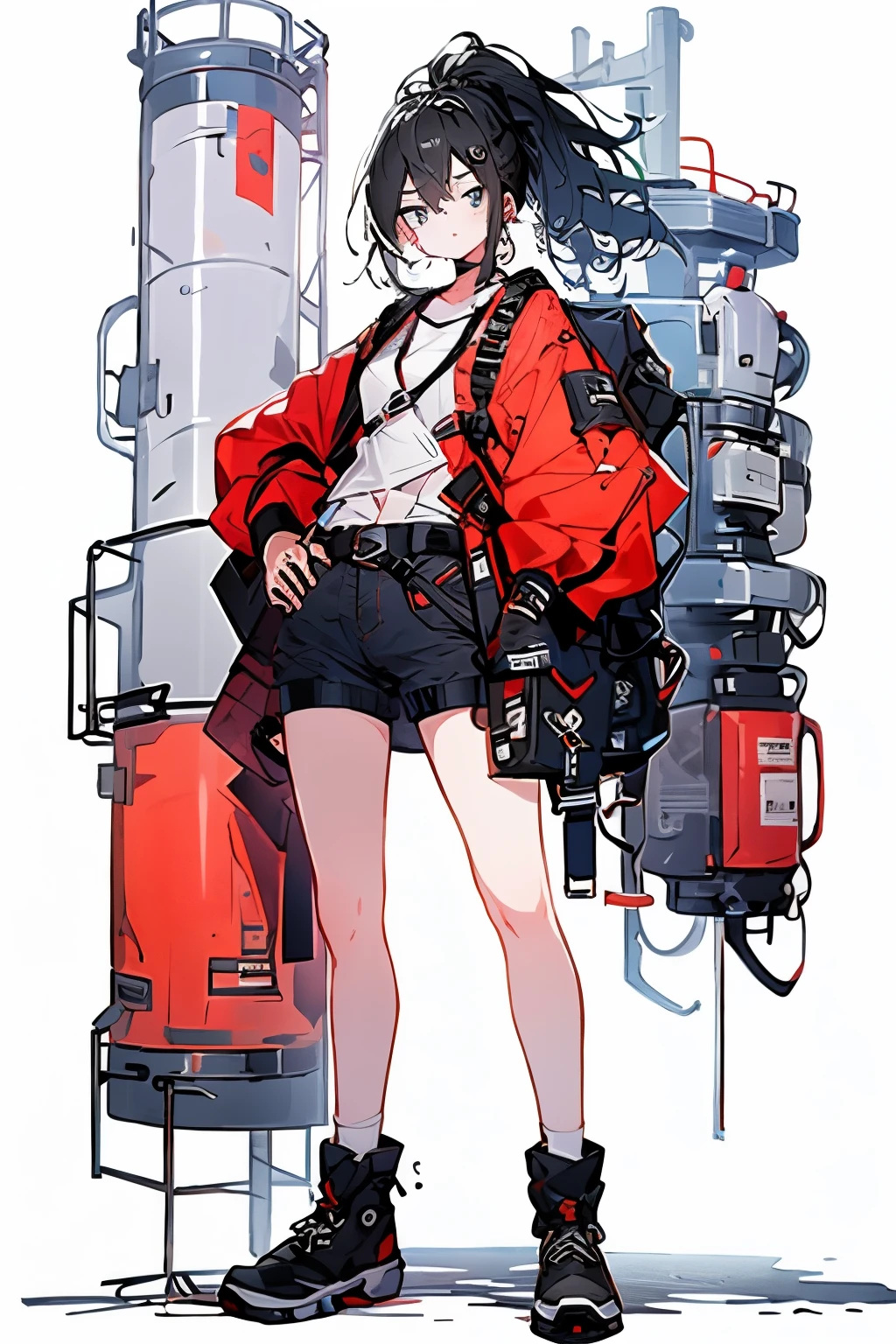 ((Full body shot)), ((No background)), ((White background)), line art, illustration, masterpiece, ultra detailed, high resolution, high quality, industrial, engineer,1girl, solo, blue eyes, facing viewer, closed mouth, black hair in a ponytail, wearing a red shirt, short black denim shorts, red and black boots