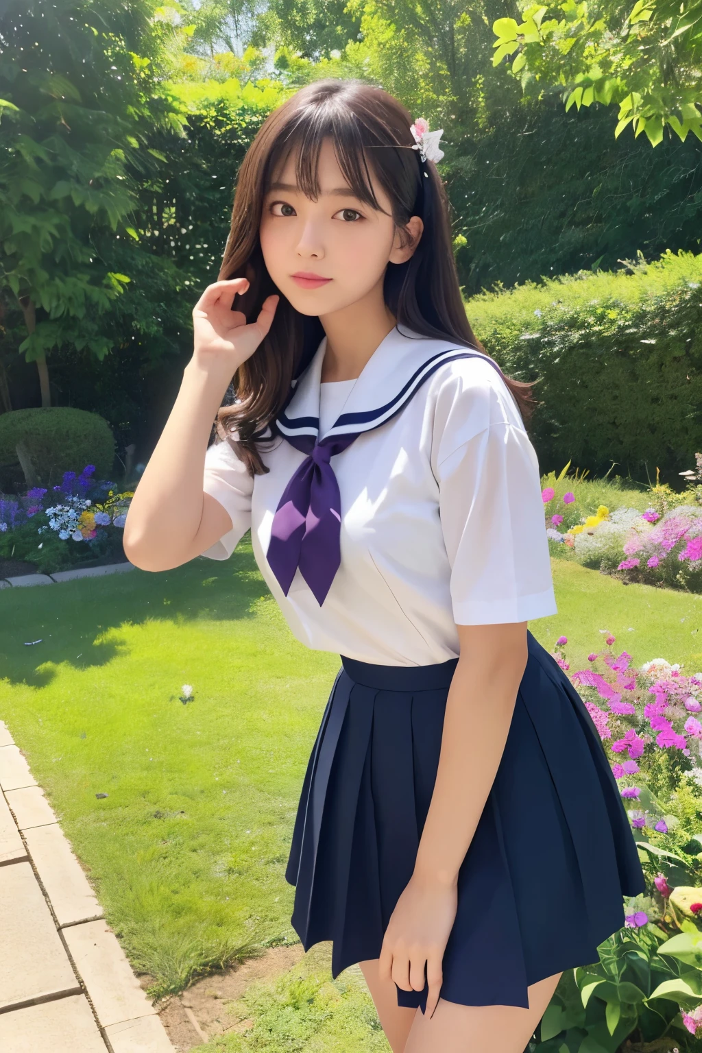 The image features a detailed real-picture of a Japanese high school girl standing in a lush, vibrant garden. The scene is set on a sunny day with a clear blue sky and a few scattered, fluffy clouds.

**Girl's Appearance:**
- **Hair:** The girl has short, dark brown hair that reaches just above her shoulders. Her hair is styled simply, with soft, natural waves that frame her face nicely.
- **Eyes:** She has large, expressive purple eyes that add a sense of depth and emotion to her neutral or slightly contemplative expression.
- **Skin Tone:** Her skin is fair, with a light complexion that complements her overall look.

**Outfit:**
- **Blouse:** She is wearing a short-sleeved white sailor-style blouse with a navy blue sailor collar. The collar has white stripes along the edges. The blouse is cropped, exposing a small section of her midriff, which is not typical for traditional school uniforms but adds a unique touch to her attire.
- **Neckerchief:** A red neckerchief is neatly tied at the front, adding a bold contrast to the white and navy blue colors of her outfit.
- **Skirt:** She has on a white pleated skirt that is relatively short, ending mid-thigh. The skirt has a navy blue stripe near the hem, matching the sailor collar.
- **Accessories:** On her left thigh, there is a black garter strap, which is unusual for a  but adds to her unique style.

**Pose and Expression:**
- **Hands:** Her right hand is gently placed on her chest, while her left hand hangs loosely by her side, holding a small gardening tool that resembles a trowel.
- **Expression:** Her facial expression is neutral or slightly contemplative, giving her a thoughtful appearance.

**Background:**
- **Garden Setting:** The background features a beautifully maintained garden with an array of colorful flowers in full bloom. The flowers include various shades of pink, purple, and yellow, creating a lively and picturesque scene.
- **Greenery:** There are green shrubs and neatly tri