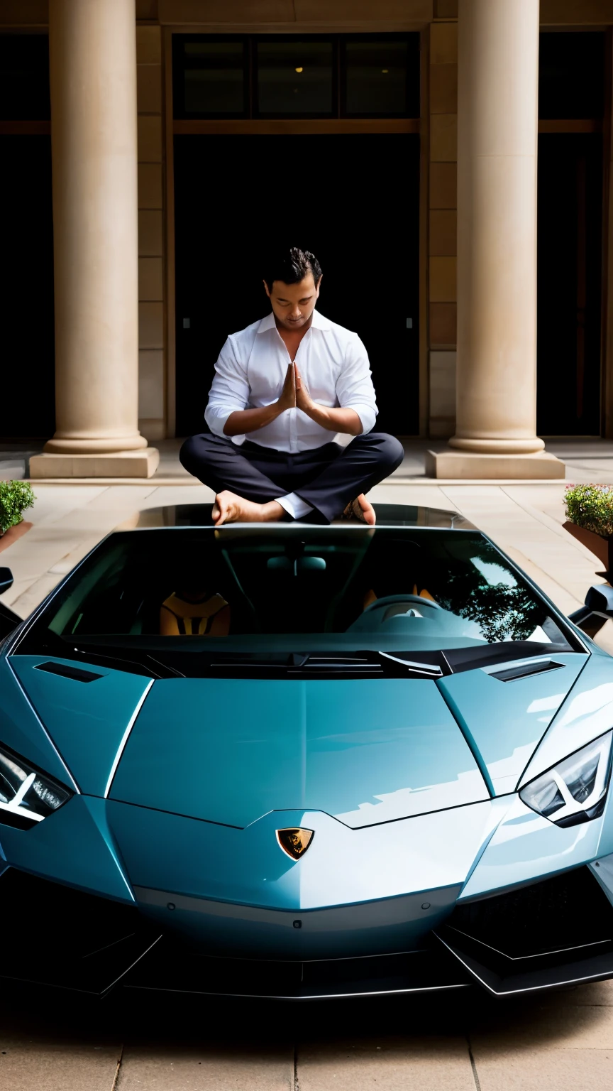 businessman meditating in front of a lamborghini