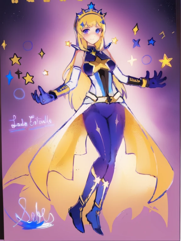 un dibujo de una mujer disfrazada con una capa y una estrella, inspirado en Li Chevalier, Inspired by Star Guardian, celda sombreada!!!, celda sombreada!!!, la galaxia marinera. Hermoso, fanart exquisito muy detallado, Hermoso celestial mage, bruja del cielo, like a retro futuristic heroine, inspirado en marinero luna, portrait of an anime heroine, ethereal astral, 1 girl, Full body, 19 years old, White skin, Smiling face, Blue eyes, Star shaped tiara, Arms outstretched, Arms behind waist, Masked face, Eye mask, Superhero mask, blue mask, Blushing, Blonde hair, Straight hair, Long hair, Bangs, 2 star clips on the sides of hair, Full body, Medium breasts, Slim body, Hands with yellow stars on them, Wrist bands, Long yellow gloves, Purple gloves, Superhero costume, Superheroes, Full body entirely yellow suit, With a big yellow star in the center, Star emblem, Somewhat tight, Long yellow cape on waist, Red belt, Thighs with tights purple, purple boots, flying, city background, anime, note that says Lady Estrella