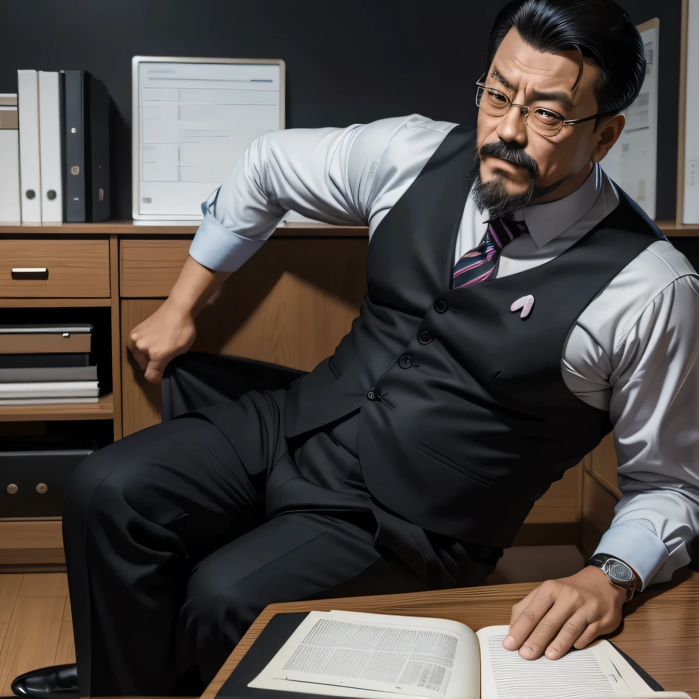 55 years old，Kogoro passes away，uncle，child，Convex，sitting in office，Black socks，Suspenders，beard，Tenacity，HD，artwork，A face full of enjoyment，Very shy，On your belly，wear a suit，Big butt，Manly，Convex crotch，God&#39;s Perspective，Take off your pants，Bottom View , Ecstasy expression/sex(There is milky translucent mucus on the buttocks and back)