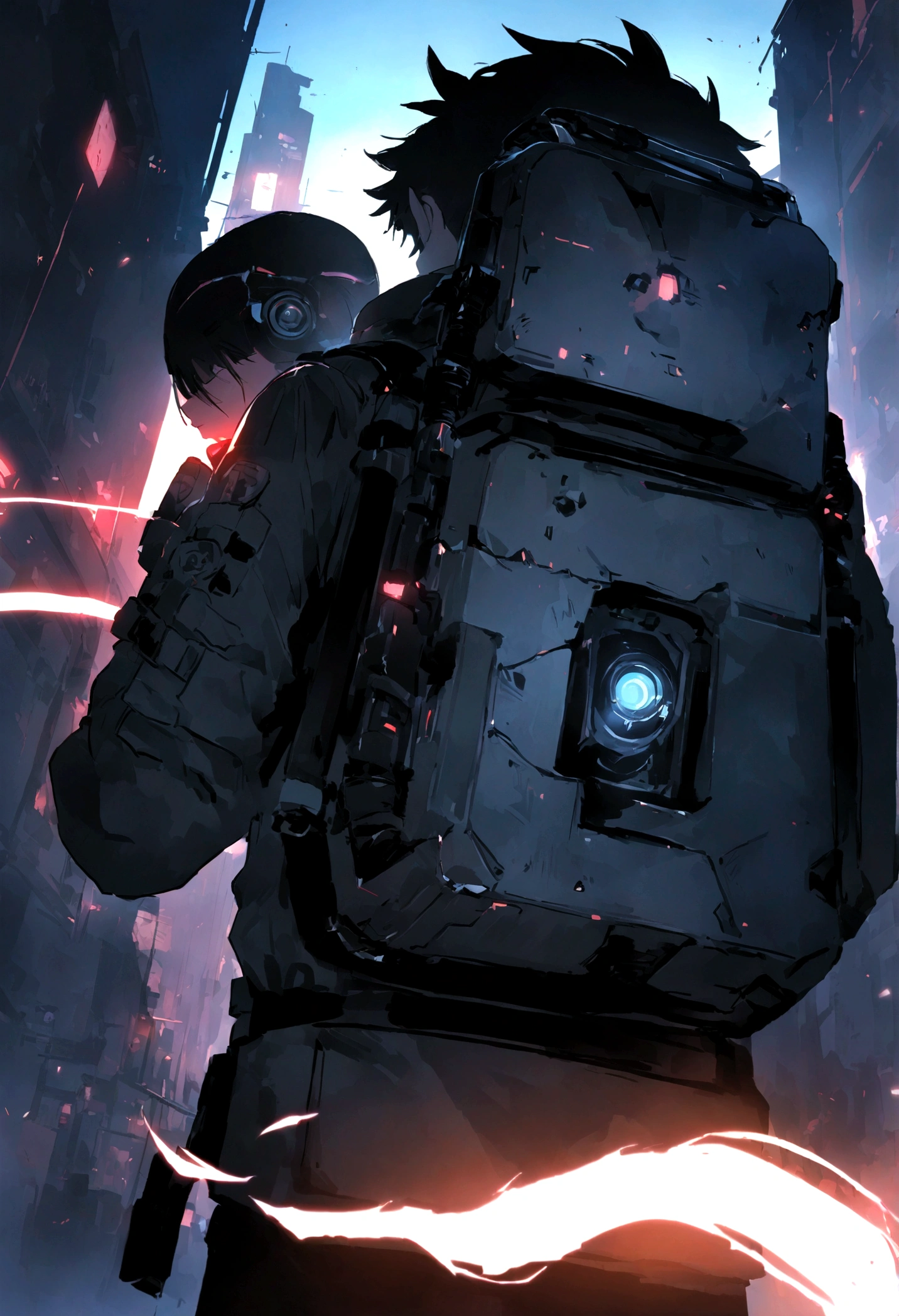 8k,Fine picture quality,Future street background,A cyberpunk boy,Carry this futuristic technology backpack,Camera of the future in hand,Back Shadow