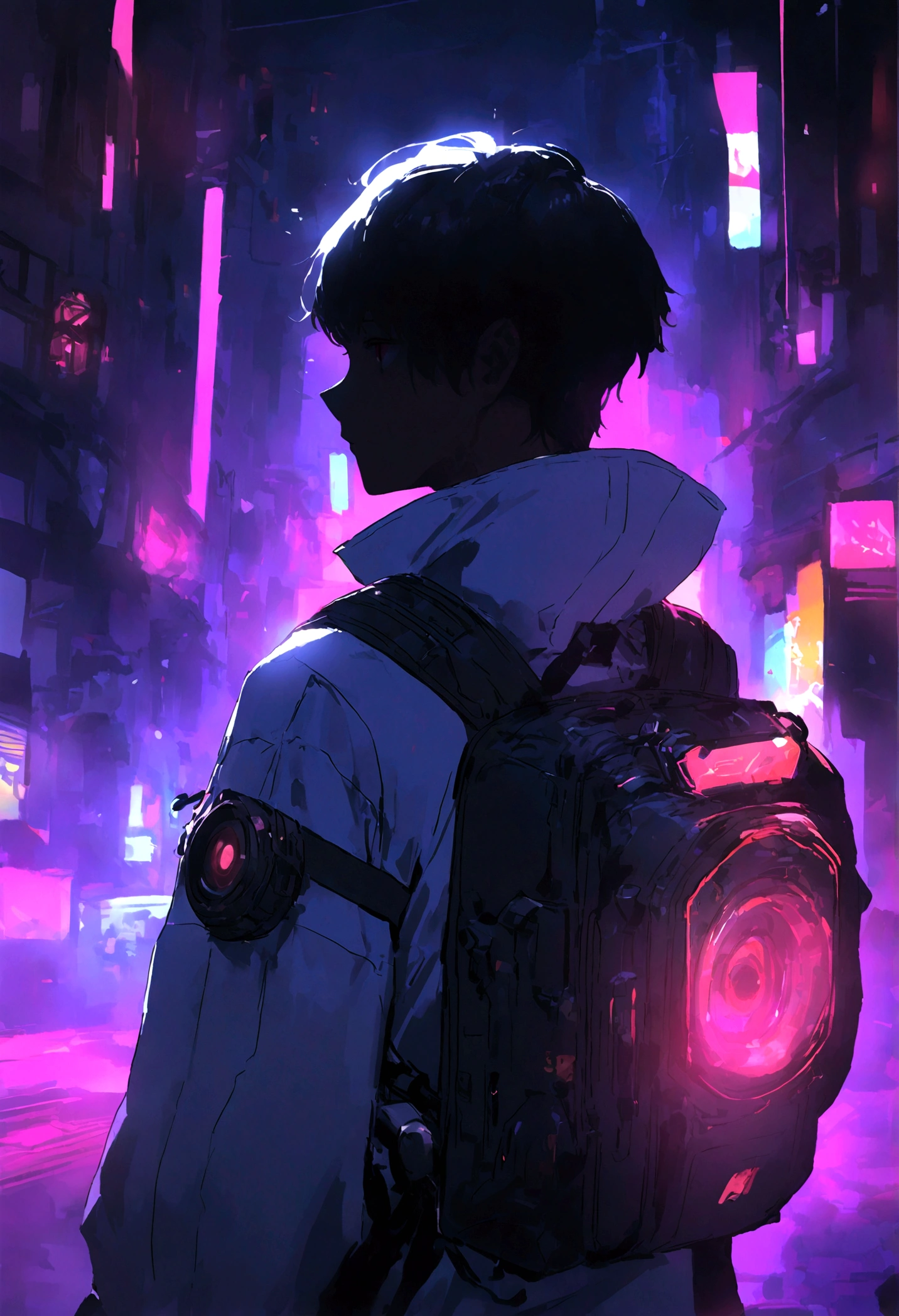 8k，Fine picture quality，Future street background，A cyberpunk boy，Carry this futuristic technology backpack，Camera of the future in hand，Back Shadow