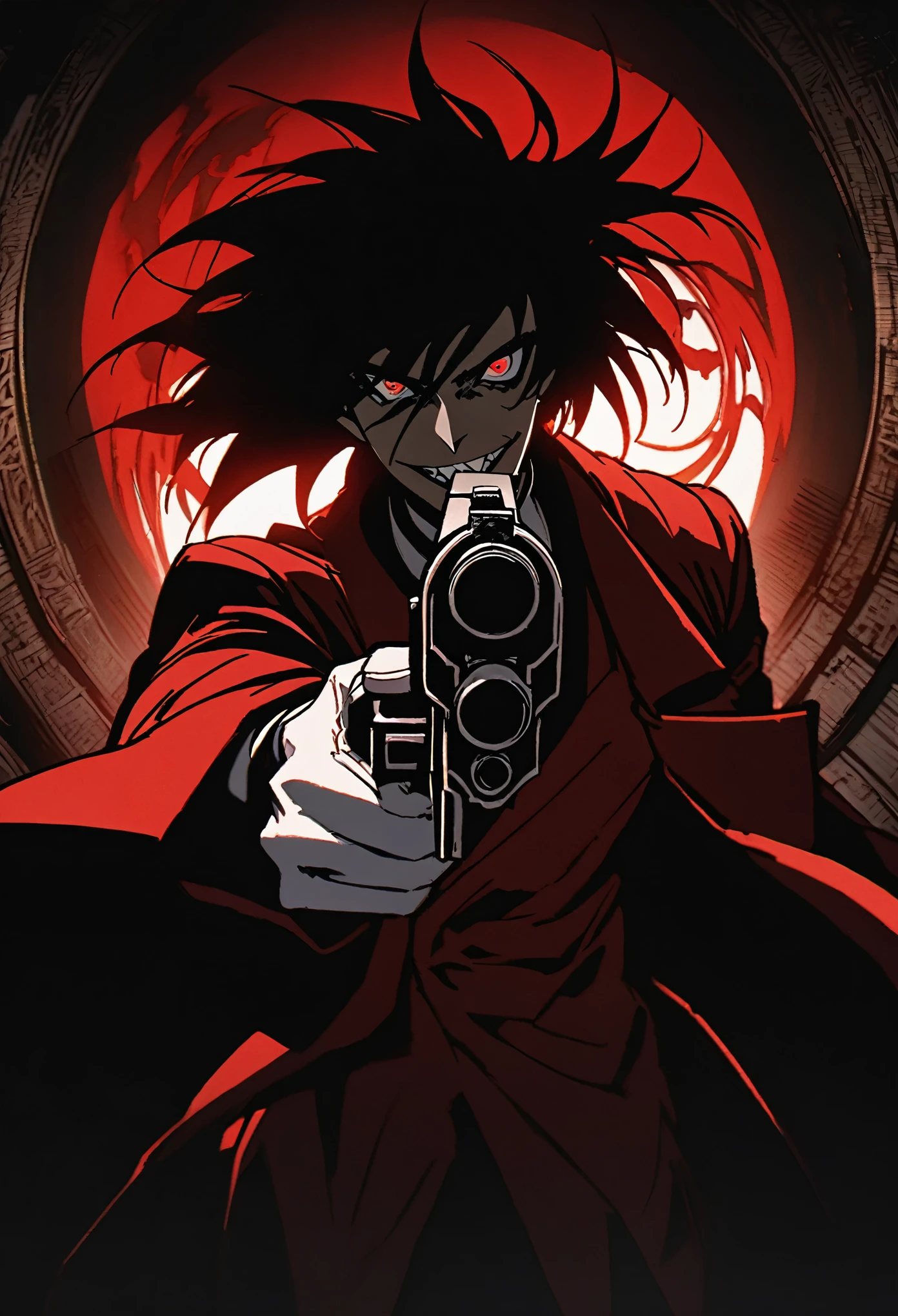 Alucard from "Hellsing" in close-up, in high quality.  Fisheye effect, focusing the image on the barrels of their distinctive engraved pistols, the Jackal and the Casull, pointing directly at the viewer.  The image shows his iconic red outfit in great detail, with the crimson coat fluttering slightly in the wind, and his white gloves with pentagrams clearly visible.  In the background, his face is clearly seen, with crimson eyes shining with malice and a cynical smile that reveals his sharp fangs.  The atmosphere is dark and oppressive, with high contrast to intensify his aura of terror.