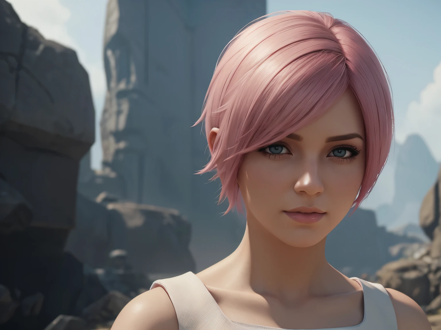 arcanevi, a woman with medium short pink hair wearing a white dress, female face, unreal engine character art, portrait