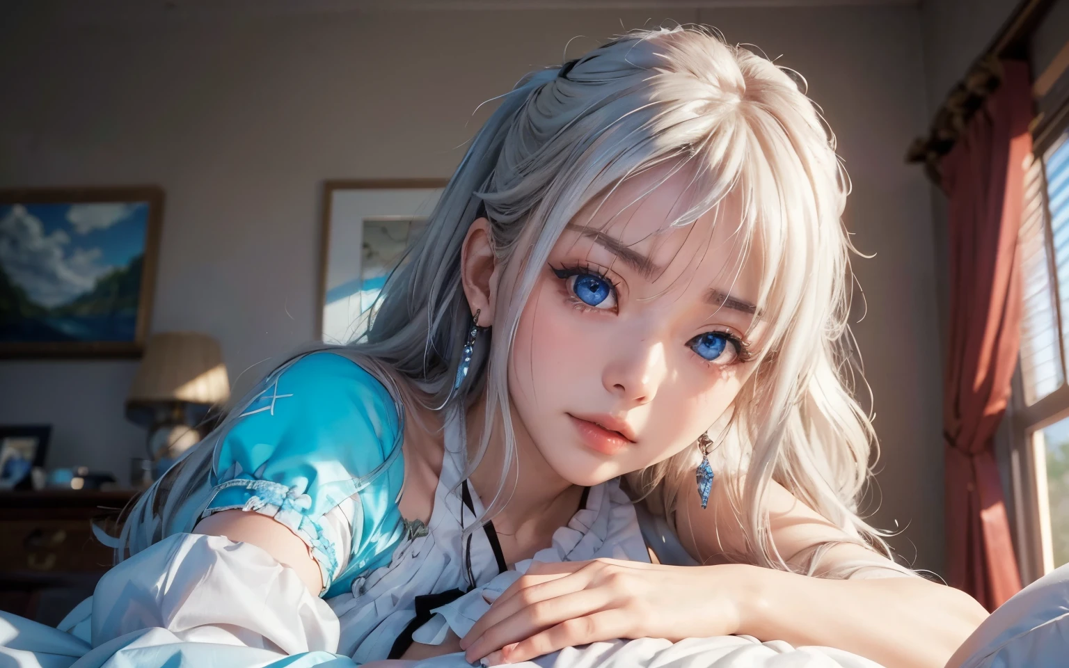 Nao Tomori/(Charlotte/), anime style, 1girl Focused, leaning at bed, (very high close up face Photography)!!, UHD, masterpiece, high quality, high details, best quality, highres, HD, 4K, depth of field, light over face, symmetry, Hasselblad, an extremely delicate and beautiful, extremely detailed, Amazing, finely detail, masterpiece, best quality, official art, Highres, incredibly Highres, huge filesize, ultra-detailed, highres, extremely detailed, beautiful detailed girl,  female face focus, mature female, (sexy Asian female:1.45), adult, ultra white skin, delicate face, delicate skin, realistic skin, make over face, (looking at viewer)!!, (curvy hair with double tied up)!!, (bare shoulders)!!, blush, closed mouth, seductive smile, fresh lips, detached sleeves, earrings, fingernails, hair between eyes,  White hair bangs, (ultra shine white hair)!!, very long hair, detailed realistic hair, nontraditional Nao Tomori, (sharp eyes)!!, (eye's pupils colored by Blue:1.25)!!, (homochromatic eyes)!!, (exposed eyes)!!, celestial beauty, enchanted evening, magical scenery, dreamy vista, futuristic fantasy, fantasy journey, legendary land,  (1girl very high Close up face photography) Nao Tomori/(Charlotte/), (correct anatomically)!!