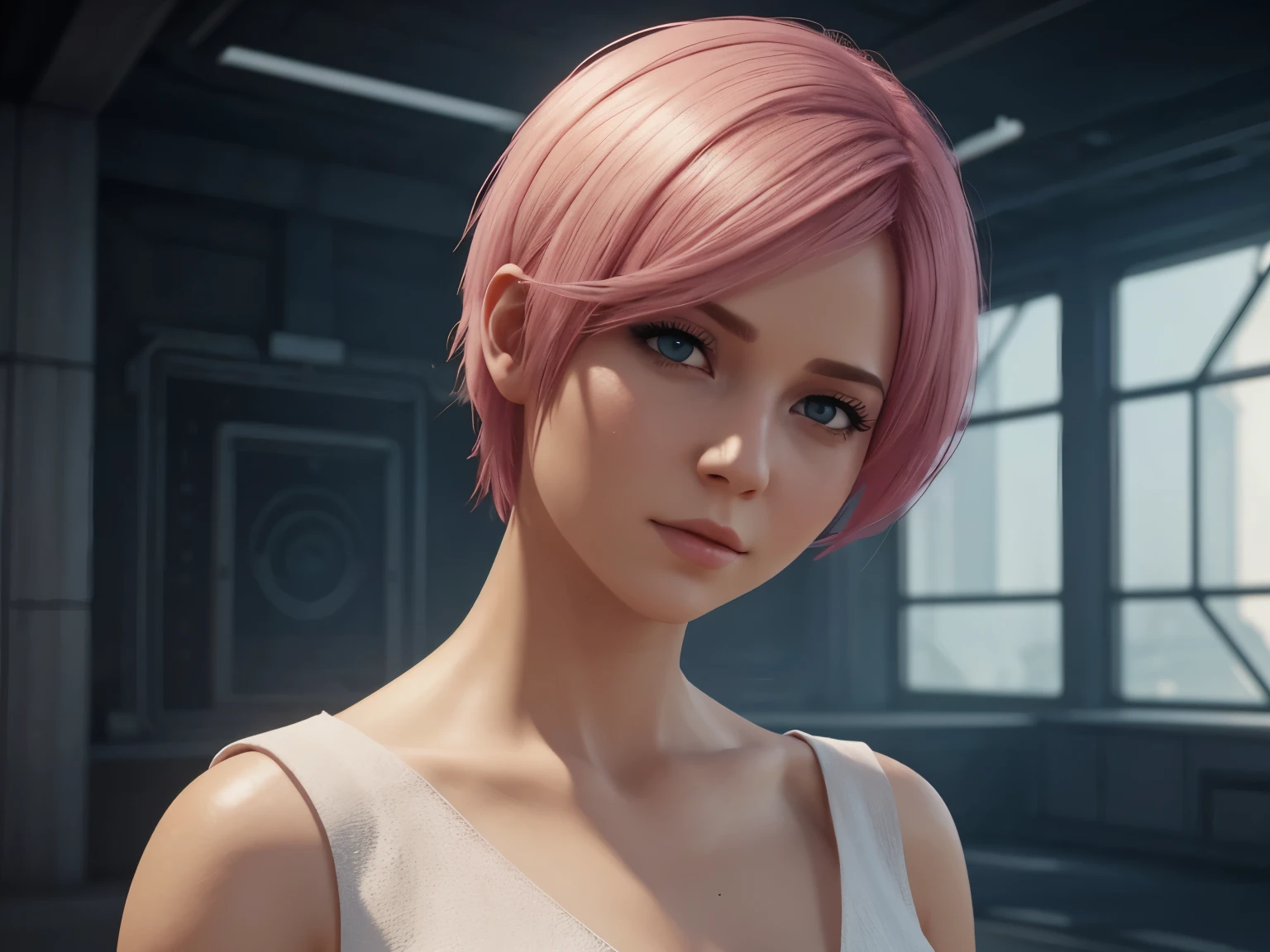 arcanevi, a woman with medium short pink hair wearing a white dress, female face, unreal engine character art, portrait