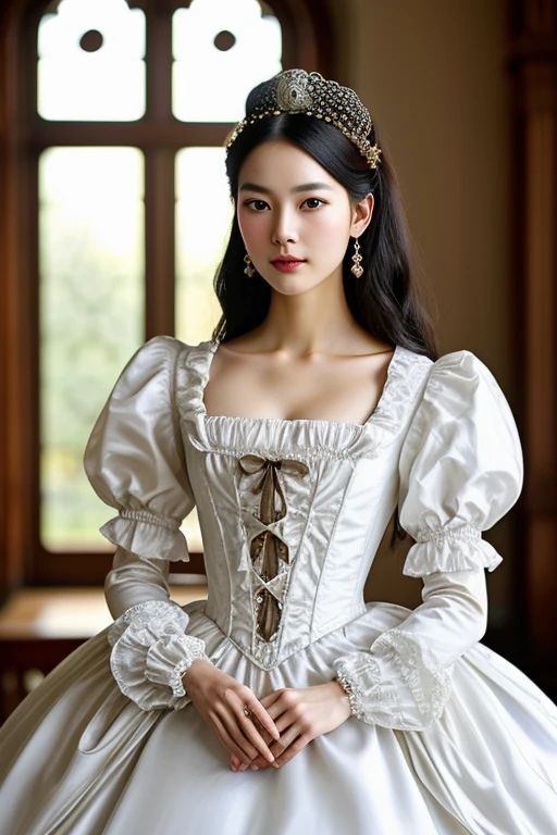 Full body, godesses, Korean beautiful girl, Women around 26 years old, Black hair, strikingly beautiful, delicate facial features, porcelain skin, characteristic brown eyes, slender and graceful, Beautiful, Ultra Sharp Focus, realistic shot, rococo queen, white royal dress, in victorian aristocrat, Intricate Victorian dresses, dress in the style of rococo, rococo style portrait, rococo dress, beautiful female princess, historical baroque dress, Aristocratic clothing, Ivory Rococo, Beautiful fantasy maiden, victorian dress, rococo fashion