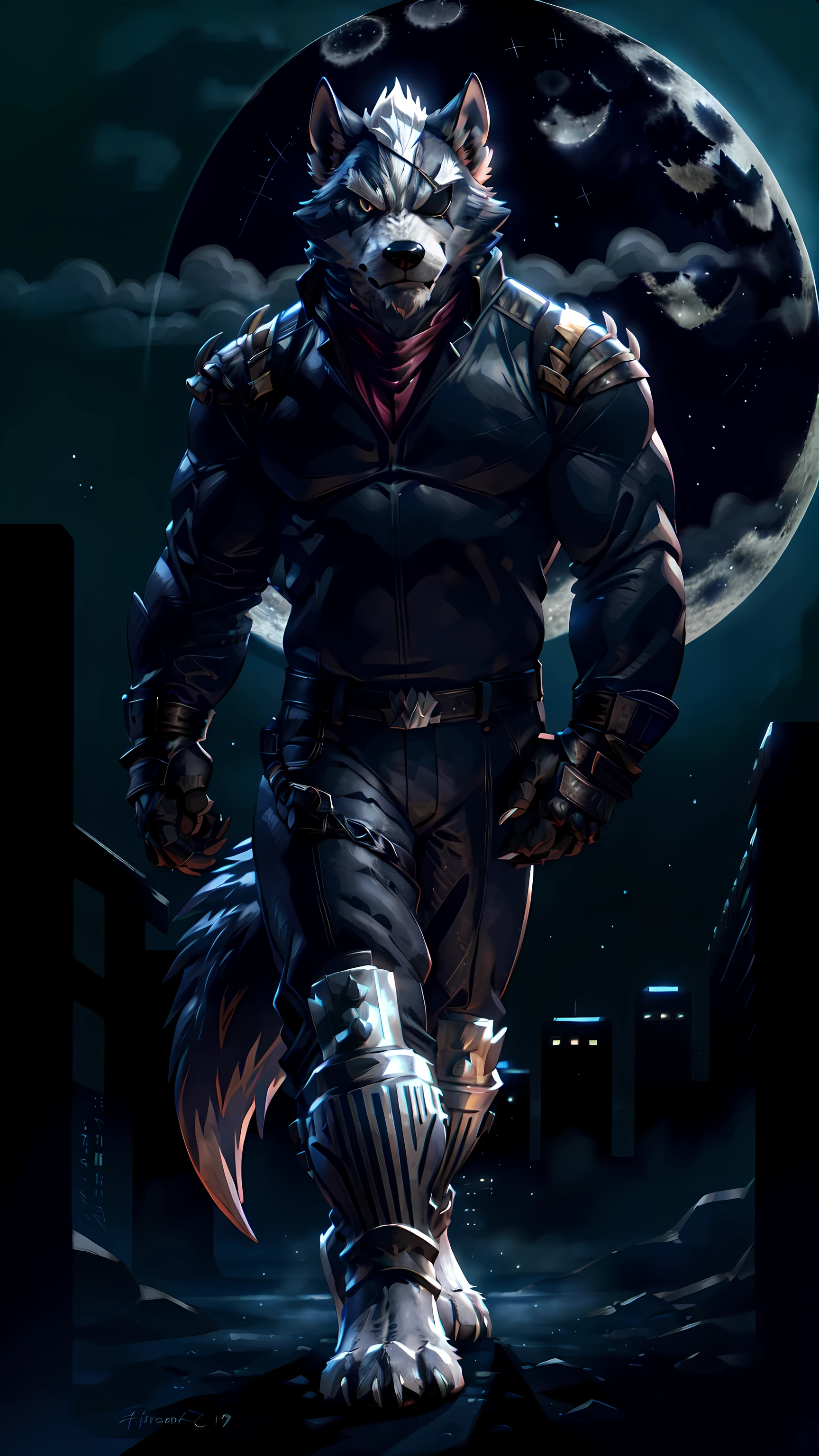 wolf o'donnell, 4k, high resolution, best quality, detailed, posted on e621, solo, anthro body, male, very masculine, muscular, (night background, dark background, big moon, full moon, fog, clouds, backlight, standing in shadows:1.2), correct anatomy, (detailed eyes:1.1), detailed face, (cel shaded, cartoony shading, strong shadows, dramatic lighting):1.4, confident, (by wfa, by takemoto arashi, by Taran Fiddler), strong, (half body, upper body:1.1), mwvector, belt, tight jacket, pants, eyepatch, strong posture, scary, full body, wolf feet, detailed feet, bare feet, walking towards camera