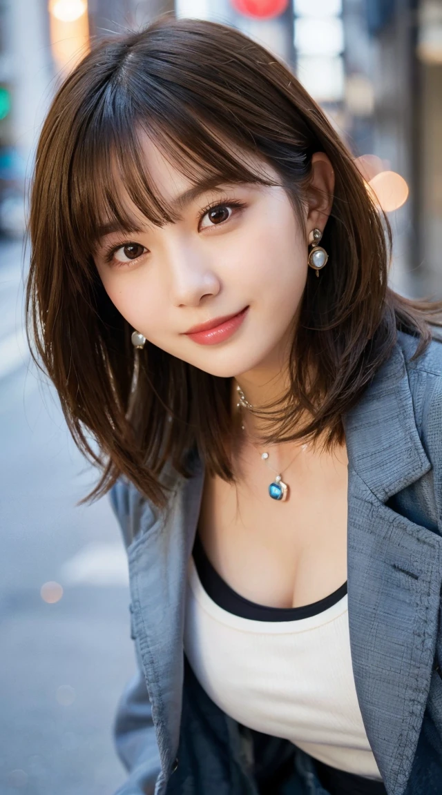 (highest quality, masterpiece:1.3, ultra high resolution), (Super detailed, caustics, 8k), (photorealistic:1.4, RAW shooting), 1 girl, (look at the camera with a smile), 20-year-old, cute, Japanese, gradient hair color, Wolf Bob Kat hairstyle, (bronde hair), Natural lips, (business suits, ripped jeans), (wearing ÉTOILE FILANTE earrings by chanel), (wearing coco crush necklace by chanel), perfect necklace, (perfect earrings), cleavage, (Street in Tokyo at night), bust up shot, face focus, Natural light, Backlight, (A bright light shines from above), (Lens flare), professional writing, perfect bodies, perfect arms, Perfect fingers, perfect legs, perfect hair, pores, Realistic skin texture, perfect teeth, (low position), (Low - Angle)