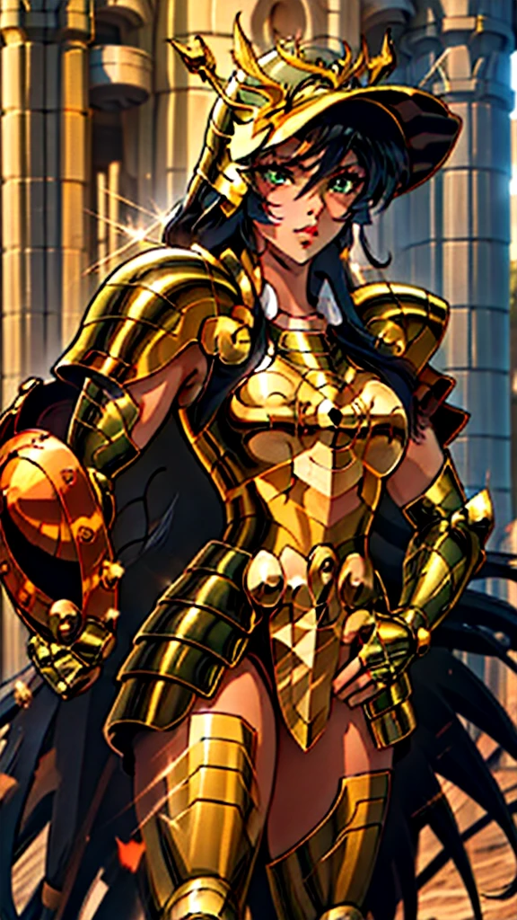 masterpiece, best quality, highres, solo, 1girl, green eyes, helmet,armor, outdoor ,(medium breasts,:1.5) 