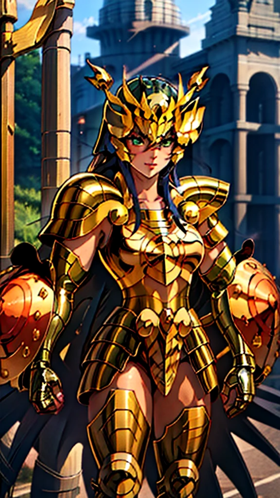 masterpiece, best quality, highres, solo, 1girl, green eyes, helmet,armor, outdoor ,(medium breasts,:1.5)