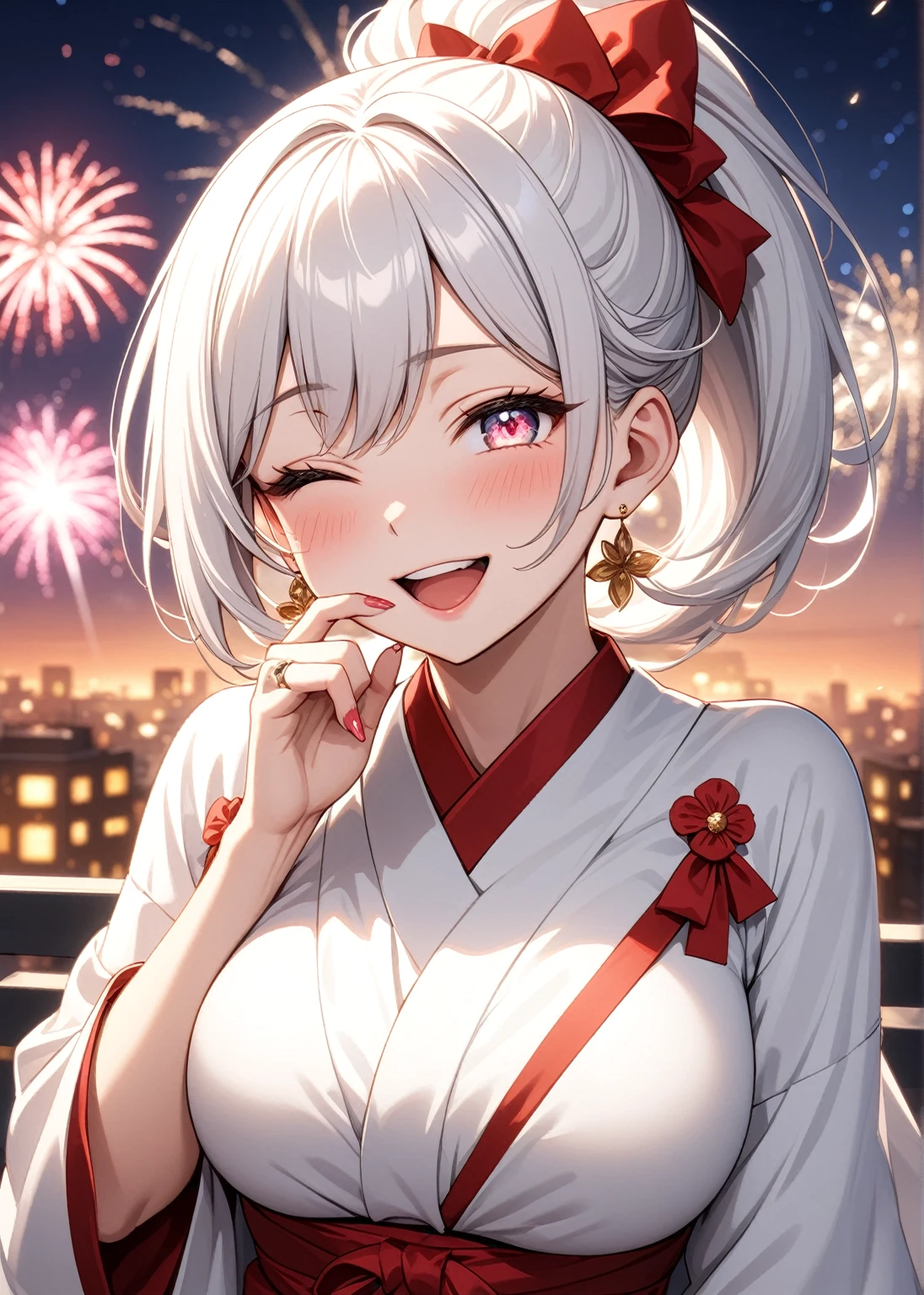 ((one personの女性)), Beautiful Face,Laughing embarrassedly,Laughing with your mouth open,((Wink:2.0)),(Bright red cheeks),Glossy pink lips,night,rooftop,firework,((Anime style background)),masterpiece, highest quality, so beautiful, Latest, Complex details, (Pink long nails),(ring),AI-generated, Complex,High resolution, highest quality, super high quality,3D Images、View your viewers、3D Images,one person,Long white hair,High Ponytail,blue eyes,Anime woman posing for a photo, ((Fine grain、Red colorful eyes、Shining Eyes:1.4)),(Squint your eyes:1.1),a hyperRealistic , hyperRealistic , Realistic,Anime woman with long and white hair, Smooth anime CG art, A woman in a colorful kimono with gold embroidery, (White kimono),Red floral pattern,Long flower hair ornament,Big earrings,Mature Body,(Big Breasts:1.2),Tall,Big Ass,Fine details,Narrow waist,Abdominal muscles,(Face close-up:1.2),(A woman clasping their hands in front of their mouth with a delighted expression),