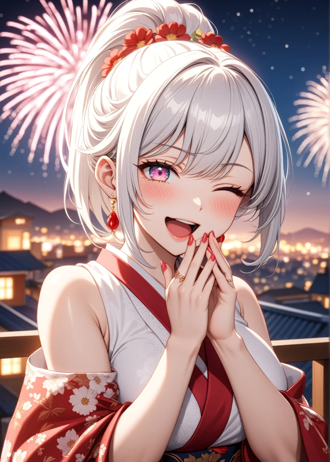 ((one personの女性)), Beautiful Face,Laughing embarrassedly,Laughing with your mouth open,((Wink:2.0)),(Bright red cheeks),Glossy pink lips,night,rooftop,firework,((Anime style background)),masterpiece, highest quality, so beautiful, Latest, Complex details, (Pink long nails),(ring),AI-generated, Complex,High resolution, highest quality, super high quality,3D Images、View your viewers、3D Images,one person,Long white hair,High Ponytail,blue eyes,Anime woman posing for a photo, ((Fine grain、Colorful eyes、Shining Eyes:1.3)),(Squint your eyes:1.1),a hyperRealistic , hyperRealistic , Realistic,Anime woman with long and white hair, Smooth anime CG art, A woman in a gorgeous kimono embroidered with gold, (White kimono),Red floral pattern,Long flower hair ornament,Big earrings,Mature Body,(Big Breasts:1.2),Tall,Big Ass,Fine details,Narrow waist,Abdominal muscles,(Face close-up:1.3),,(A woman clasping their hands in front of their mouth with a delighted expression),