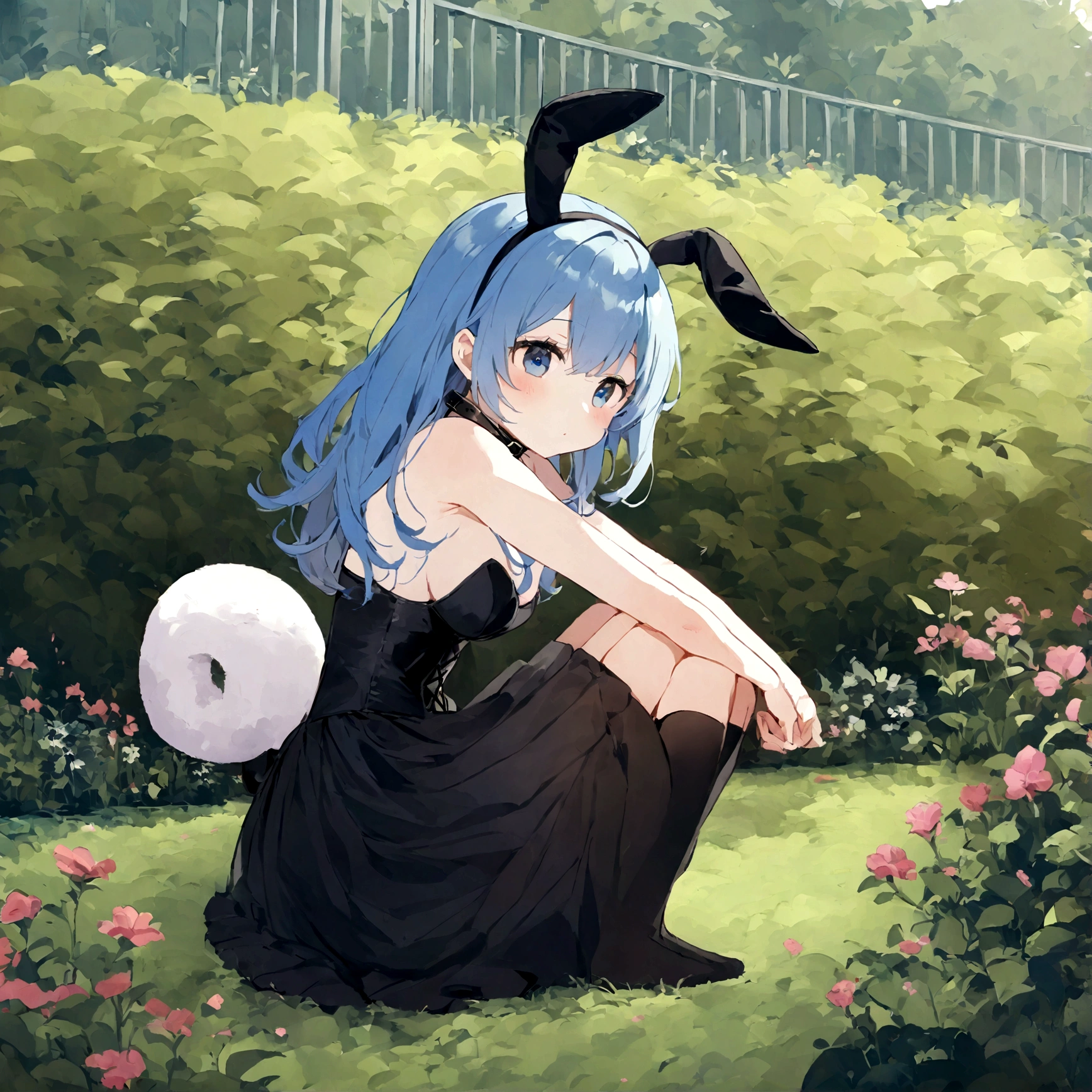 a sexy female with long blue hair, has big fuzzy bunny ears, has a bunny tail, wearing a black corset, wearing a black mini skirt, has a dark blue dog collar on, wearing cute thigh high socks, relaxing on knees, solo, alone, (SOLO)ALONE), no dogs, single girl, on knees, outside in a garden