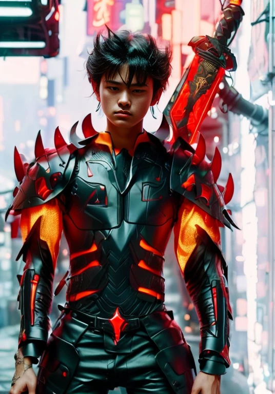 (ultra realistic,32k, masterpiece:1.2),(high detailed skin:1.1),( high quality:1.1),
1boy,(caucasian european), black hair, with cyberpunk samurai armor, cute, 18 years old, european caucasian), beautiful decourations, 8k, uhd, masterpiece, katana in the back, kanjis, (metal black armor with red and orange decourations), fire themed armor, light effects