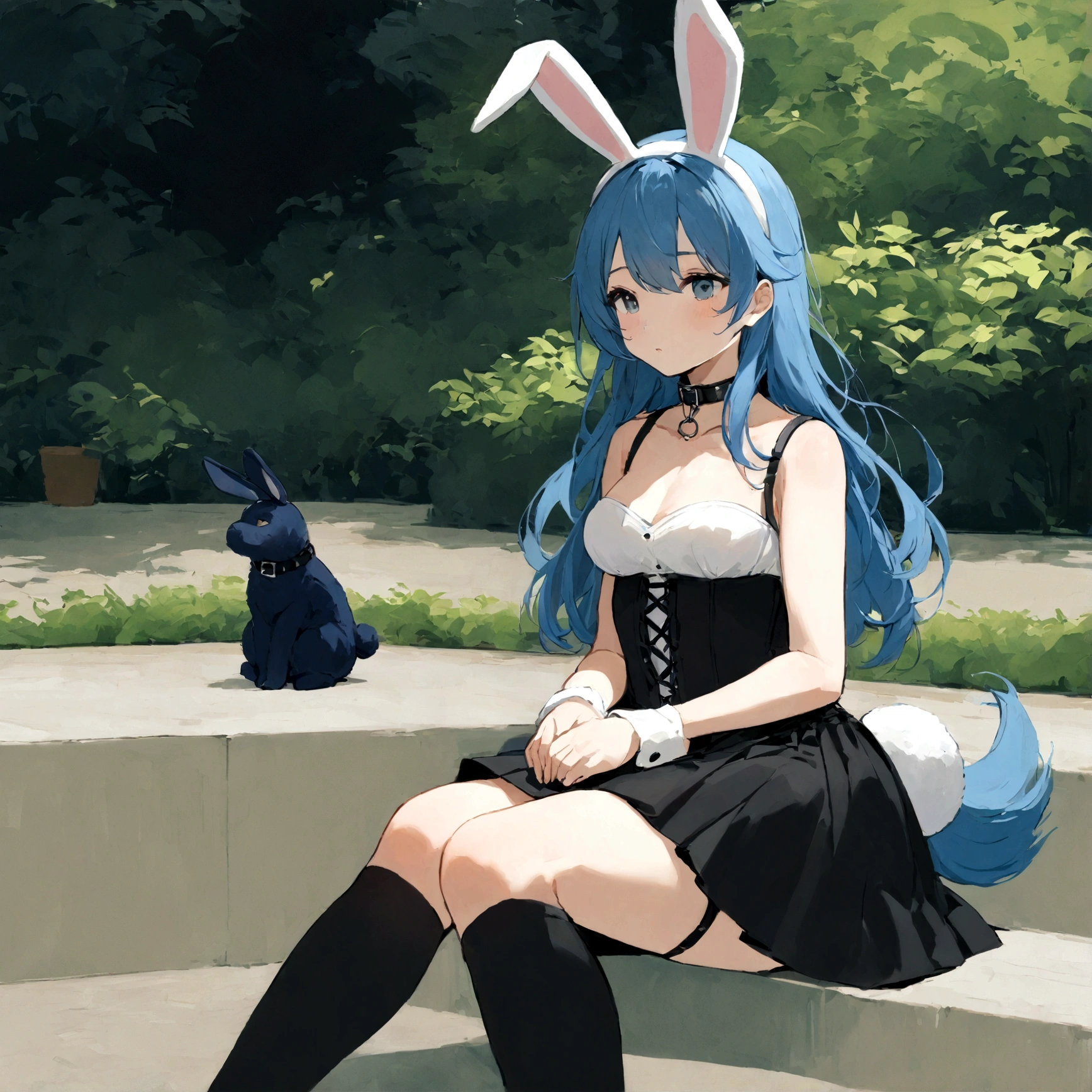 a sexy female with long blue hair, has big fuzzy bunny ears, has a bunny tail, wearing a black corset, wearing a black mini skirt, has a dark blue dog collar on, wearing cute thigh high socks, relaxing on knees, solo, alone, (SOLO)ALONE), no dogs, single girl, on knees, outside in a garden