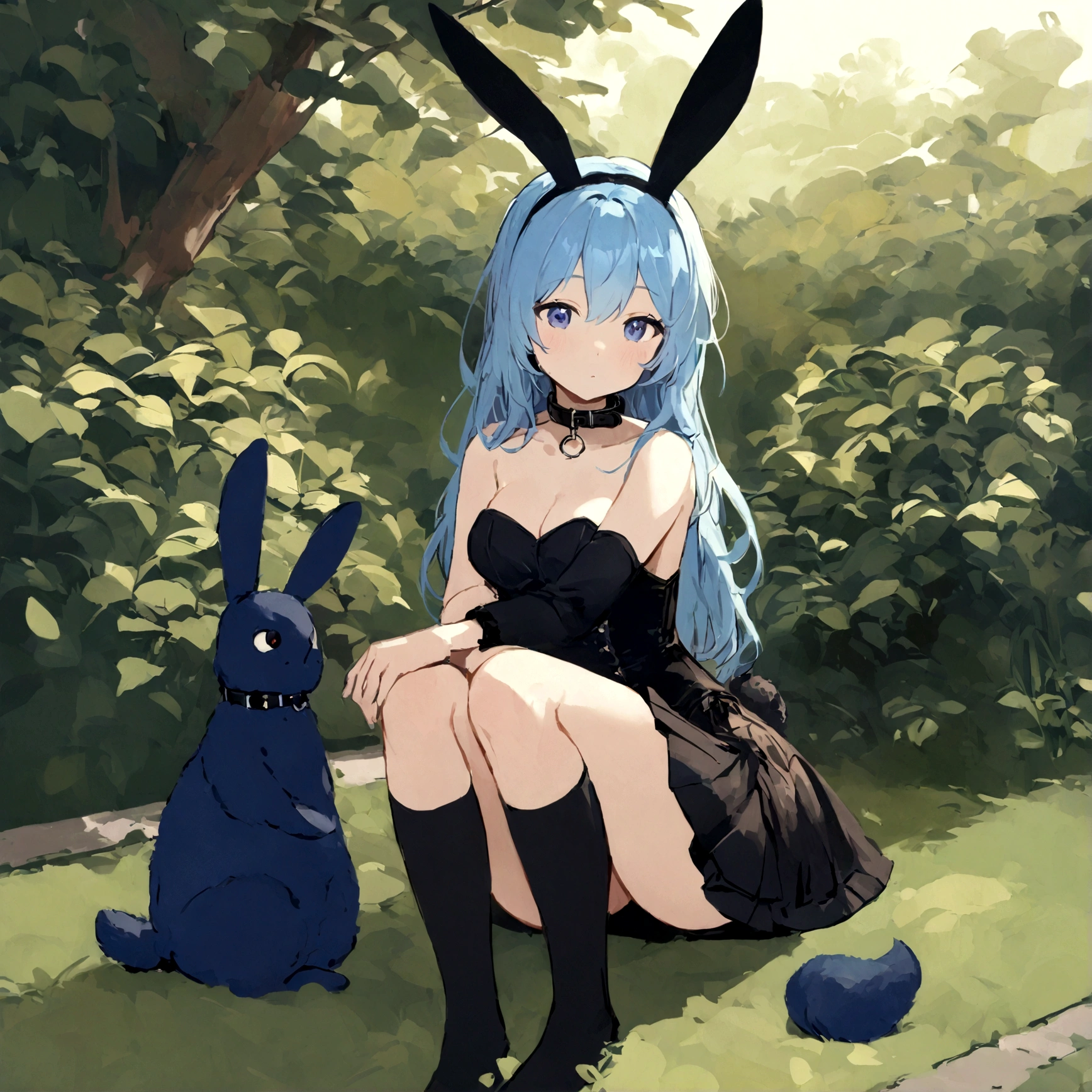 a sexy female with long blue hair, has big fuzzy bunny ears, has a bunny tail, wearing a black corset, wearing a black mini skirt, has a dark blue dog collar on, wearing cute thigh high socks, relaxing on knees, solo, alone, (SOLO)ALONE), no dogs, single girl, on knees, outside in a garden