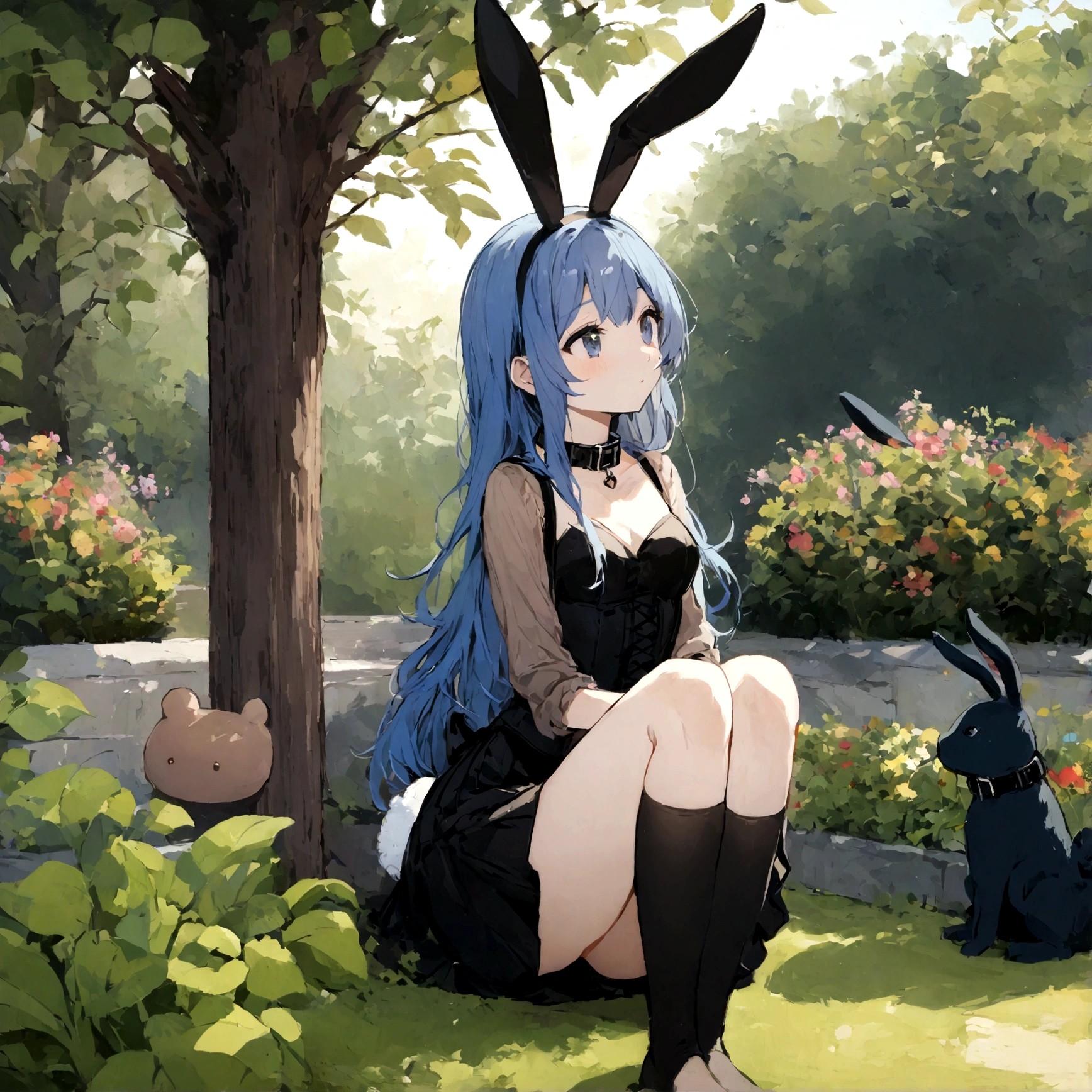 a sexy female with long blue hair, has big fuzzy bunny ears, has a bunny tail, wearing a black corset, wearing a black mini skirt, has a dark blue dog collar on, wearing cute thigh high socks, relaxing on knees, solo, alone, (SOLO)ALONE), no dogs, single girl, on knees, outside in a garden