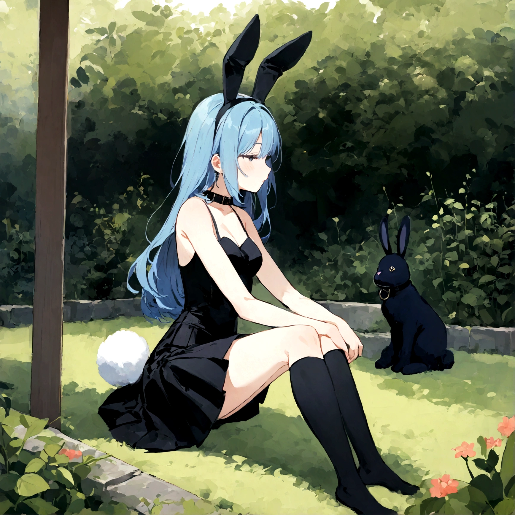 a sexy female with long blue hair, has big fuzzy bunny ears, has a bunny tail, wearing a black corset, wearing a black mini skirt, has a dark blue dog collar on, wearing cute thigh high socks, relaxing on knees, solo, alone, (SOLO)ALONE), no dogs, single girl, on knees, outside in a garden