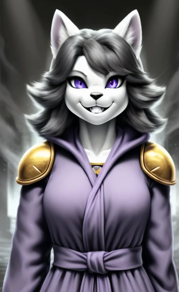 [temmie], [undertale], ((masterpiece)), ((HD)), ((solo portrait)), ((front view)), ((furry; anthro)), ((detailed fur)), ((detailed shading)), ((beautiful render art)), {anthro; (slim figure), (white fur), black dog nose, fierce violet pupils, cat eyes, black sclera of eyes, eyeliner, long dark grey hair, long hair bangs (mean look, bedroom eyes), (grin, mouth close) four ears, cat ears, dog ears, }, {(violet robe), (white deltarune crest on robe) (gold armor shoulder pads}, {(standing), (looking at viewer)}, [background; (dark storm), (dynamic lighting)], realistic 